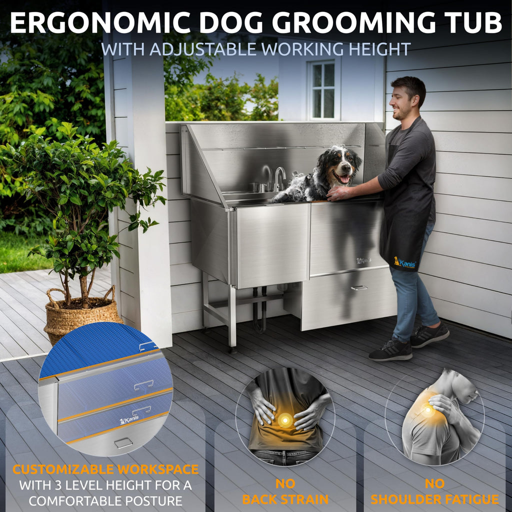 KANIS Professional Dog Washing Station 304 Stainless Steel Pet Wash Sink & Grooming Bathtub w/Shower, Floor Grates and Storage for Large, Medium & Small Pets (Silver, 50 Inches, Right Ramp, 1 Drawer)