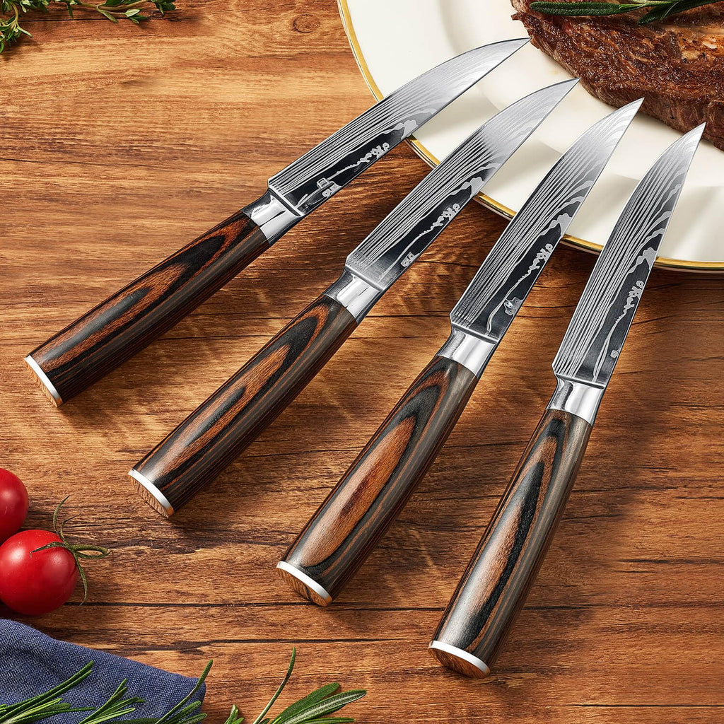 SENKEN 16-Piece Knife Block Set - Japanese High Carbon Stainless Steel with Damascus Pattern, Dark Wood Handles, 6 Steak Knives & Acacia Hardwood Block (Brown)