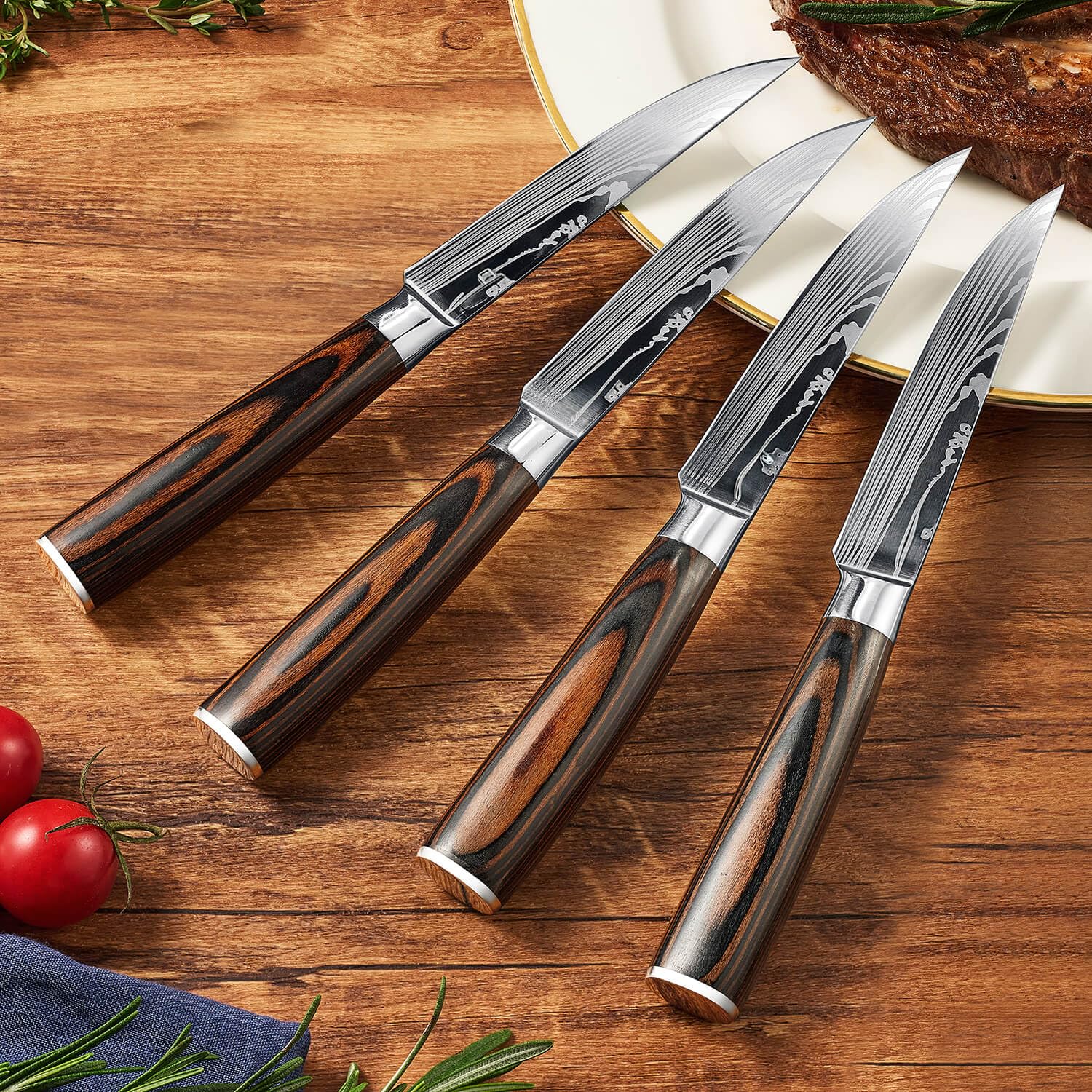 SENKEN 16-Piece Knife Block Set - Japanese High Carbon Stainless Steel with Damascus Pattern, Dark Wood Handles, 6 Steak Knives & Acacia Hardwood Block (Brown)