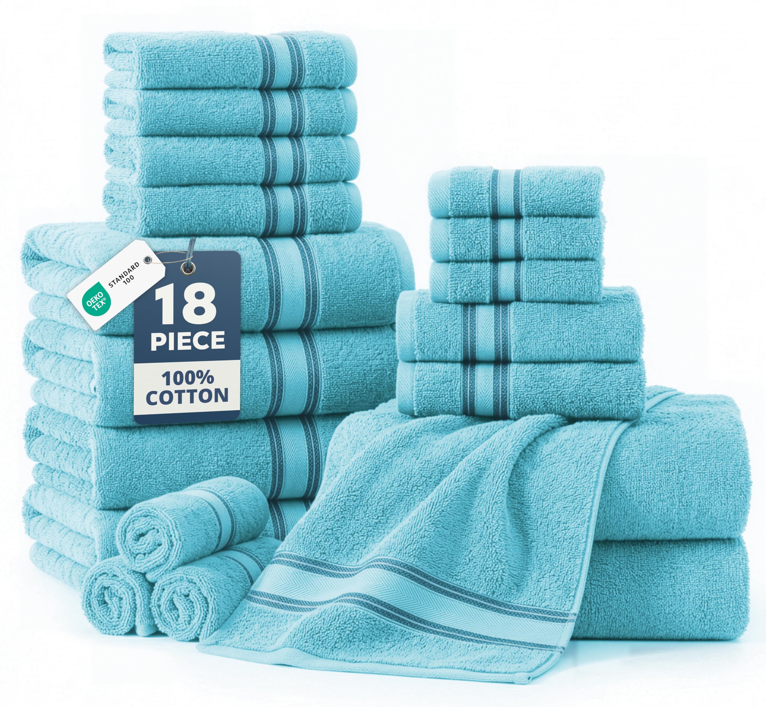 LANE LINEN Bathroom Towels Set of 18 – Zero Twist, 100% Mercerized Cotton Towel, 6 Bath, 6 Handtowel & 6 Washcloths, Luxury Hotel Design, Perfect for Salon & Guests, Machine Washable – Cerulean Blue