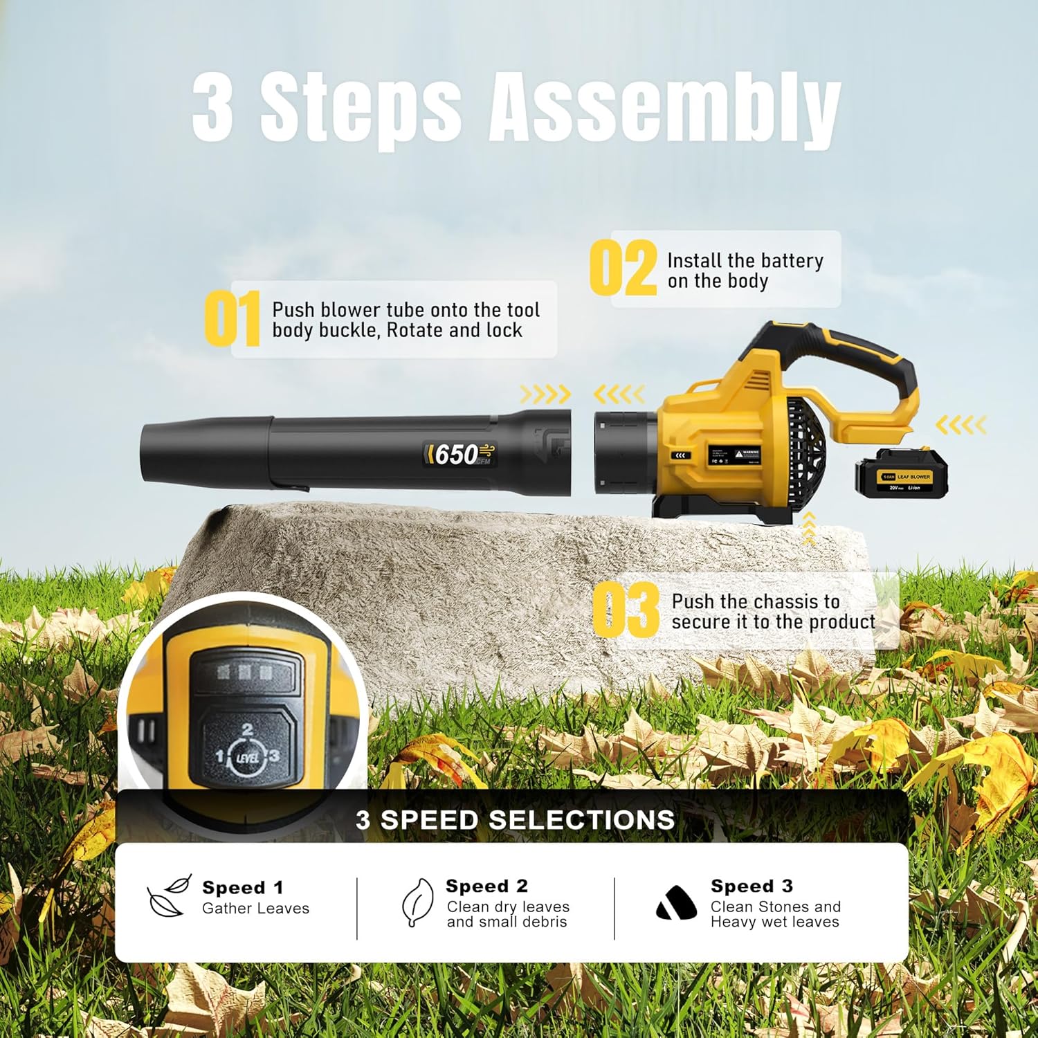 LOSART Leaf Blower Cordless, 650CFM & 3 Speed Levels, 1200W Electric Cordless Leaf Blower with 2 x 5.0Ah Batteries & Fast Charger, Blowers for Lawn Care, Yard, Blowing Leaves, Dust, Snow