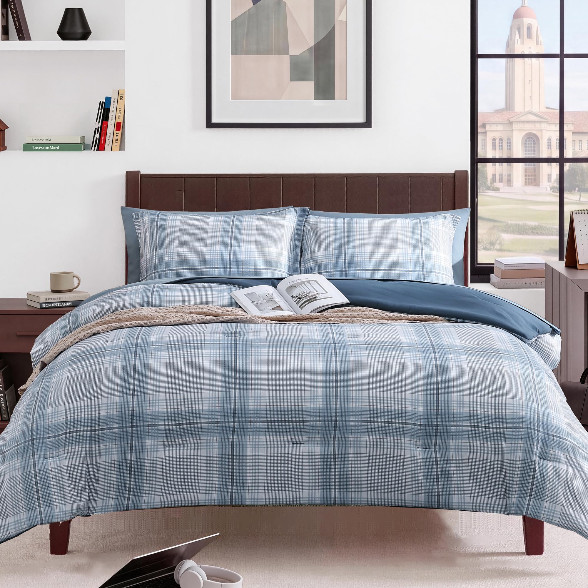 MaiRêve Plaid Twin XL Comforter Set Navy Blue 5 Pieces Dorm Bed in a Bag | Rustic Farmhouse Bedding Sets for Boys Teen with Sheets, Pillowcase & Sham