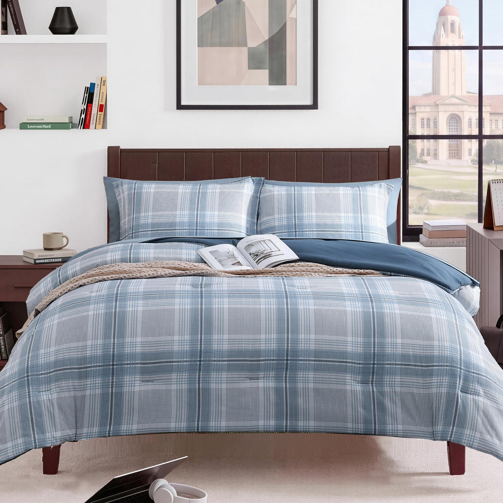 MaiRêve Plaid Twin XL Comforter Set Navy Blue 5 Pieces Dorm Bed in a Bag | Rustic Farmhouse Bedding Sets for Boys Teen with Sheets, Pillowcase & Sham
