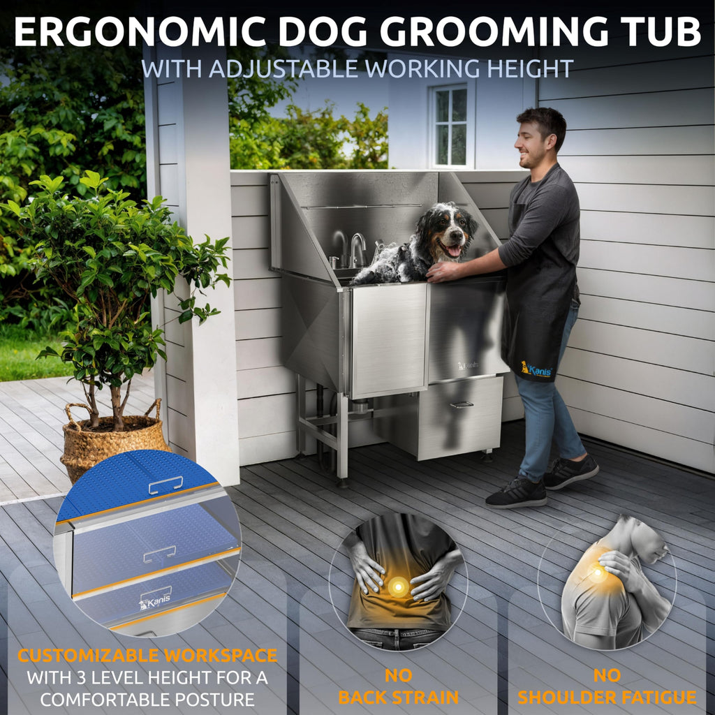 KANIS Professional Dog Washing Station 304 Stainless Steel Pet Wash Sink & Grooming Bathtub w/Shower, Floor Grates and Storage for Large, Medium & Small Pets (Silver, 50 Inches, Right Ramp, 1 Drawer)