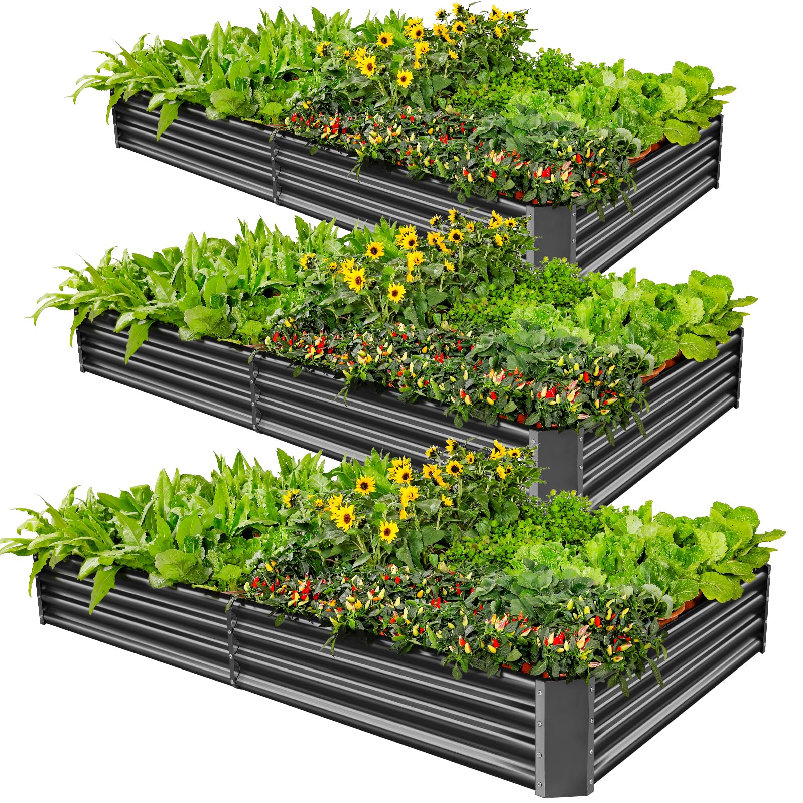 Land Guard 3 Pack 8×4×1ft Galvanized Metal Raised Garden Bed, Metal Planter Kit Box Outdoor for Deep-Rooted Vegetables, Flowers, Green and Herbs, Silver