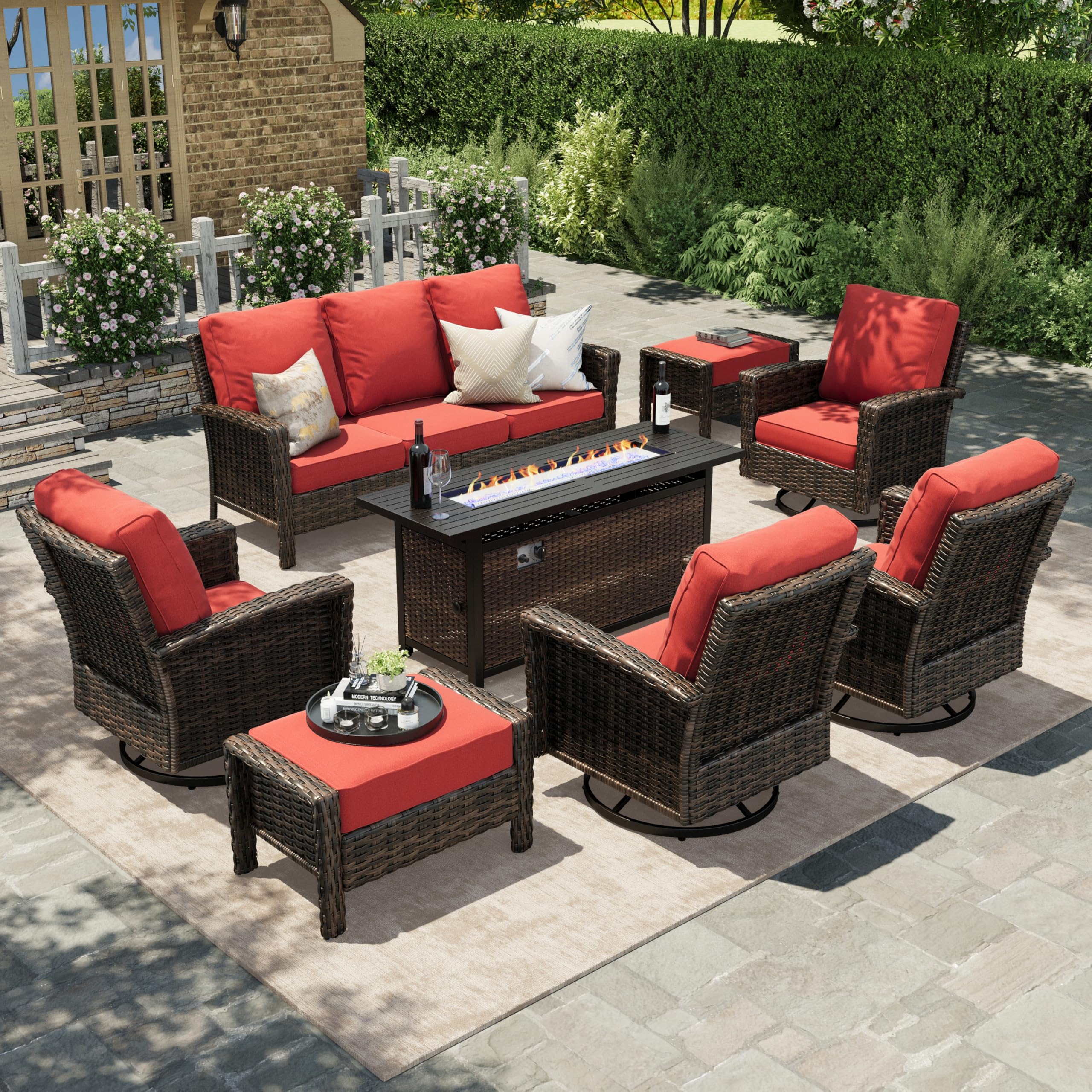 HERA'S HOUSE Patio Furniture Set, High Back Swivel Outdoor Chair with 5.5" Thick Cushions, Oversized Deep Seating Wicker Conversation Set for Lawn Backyard Deck, Navy Blue