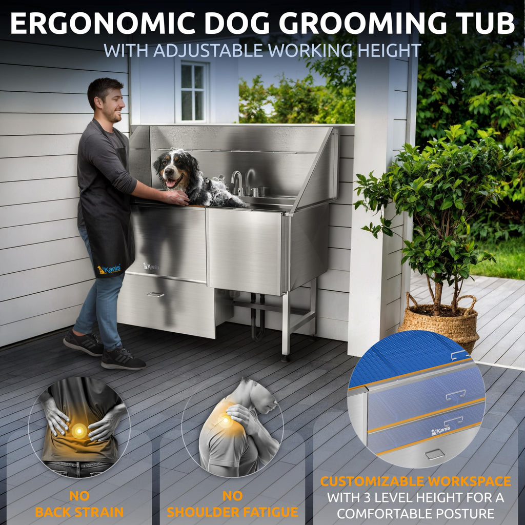 KANIS Professional Dog Washing Station 304 Stainless Steel Pet Wash Sink & Grooming Bathtub w/Shower, Floor Grates and Storage for Large, Medium & Small Pets (Silver, 50 Inches, Right Ramp, 1 Drawer)