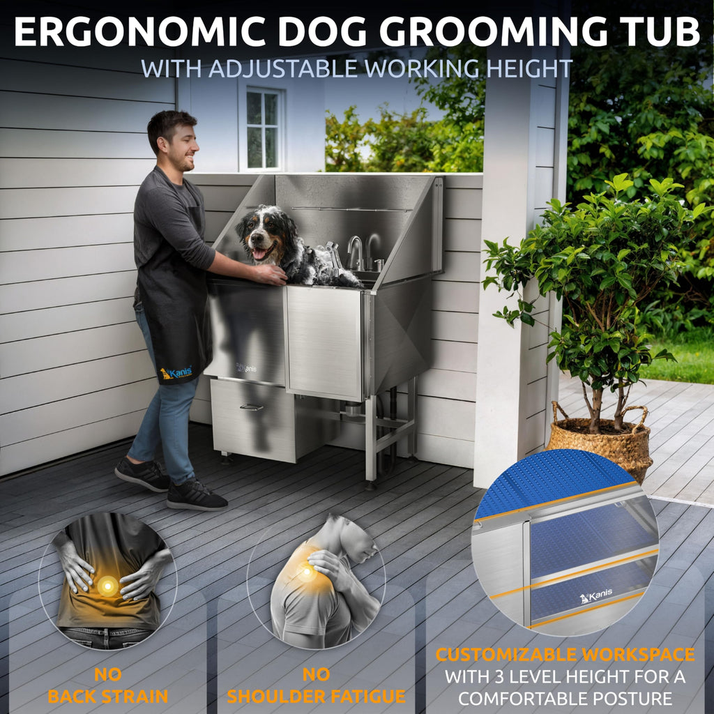 KANIS Professional Dog Washing Station 304 Stainless Steel Pet Wash Sink & Grooming Bathtub w/Shower, Floor Grates and Storage for Large, Medium & Small Pets (Silver, 50 Inches, Right Ramp, 1 Drawer)