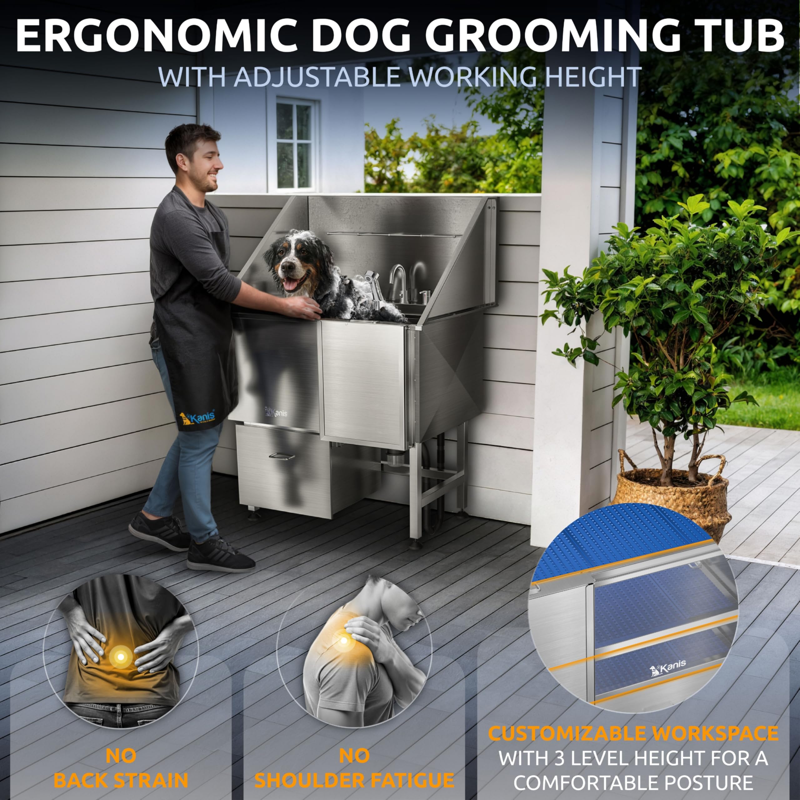 KANIS Professional Dog Washing Station 304 Stainless Steel Pet Wash Sink & Grooming Bathtub w/Shower, Floor Grates and Storage for Large, Medium & Small Pets (Silver, 50 Inches, Right Ramp, 1 Drawer)