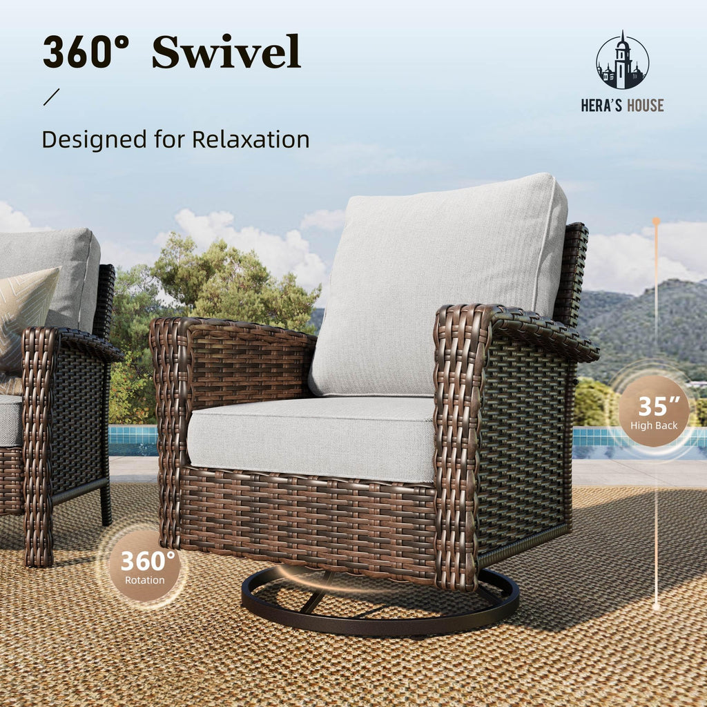 HERA'S HOUSE Patio Furniture Set, High Back Swivel Outdoor Chair with 5.5" Thick Cushions, Oversized Deep Seating Wicker Conversation Set for Lawn Backyard Deck, Navy Blue