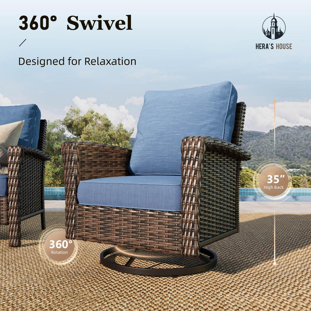 HERA'S HOUSE Patio Furniture Set, High Back Swivel Outdoor Chair with 5.5" Thick Cushions, Oversized Deep Seating Wicker Conversation Set for Lawn Backyard Deck, Navy Blue