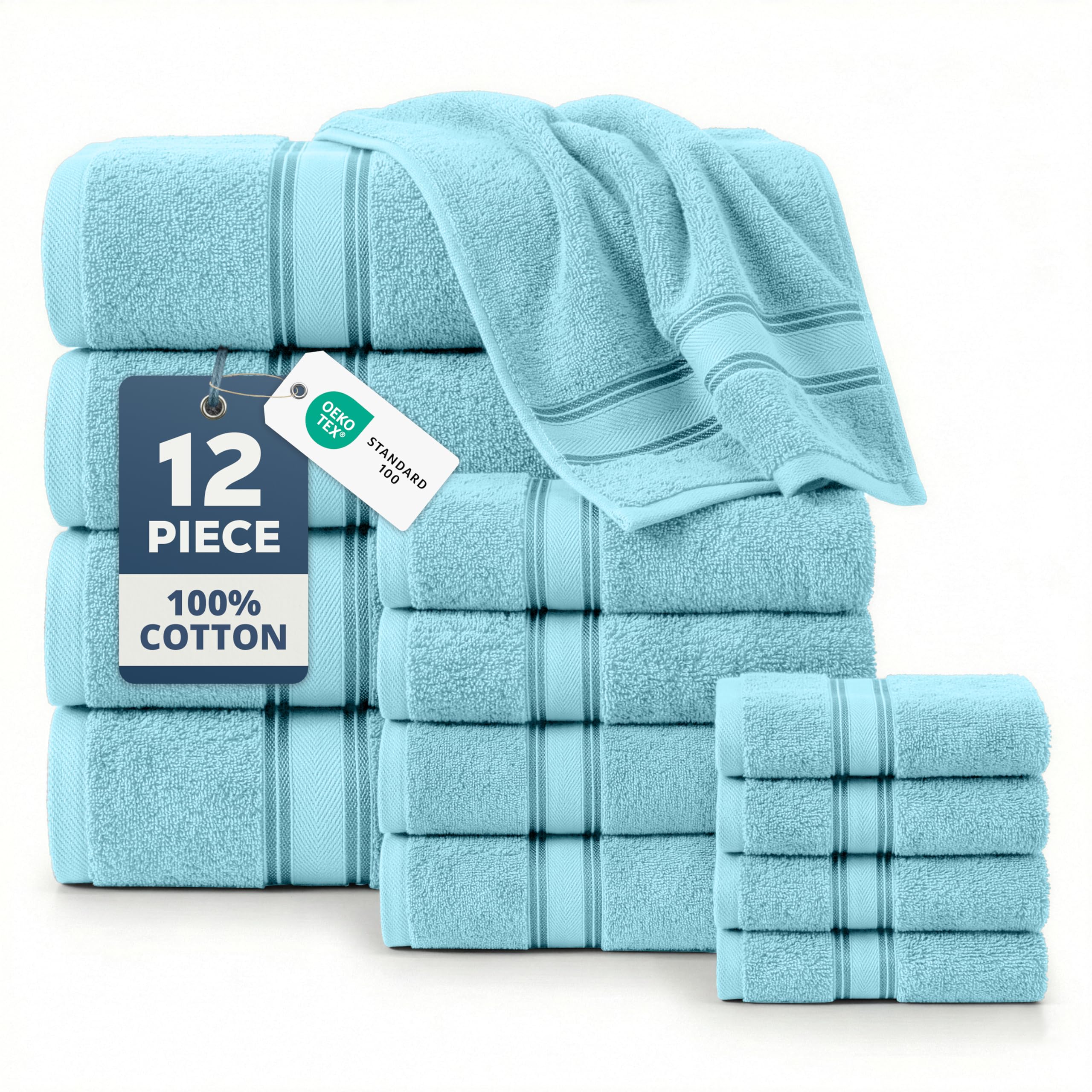 LANE LINEN Bathroom Towels Set of 18 – Zero Twist, 100% Mercerized Cotton Towel, 6 Bath, 6 Handtowel & 6 Washcloths, Luxury Hotel Design, Perfect for Salon & Guests, Machine Washable – Cerulean Blue