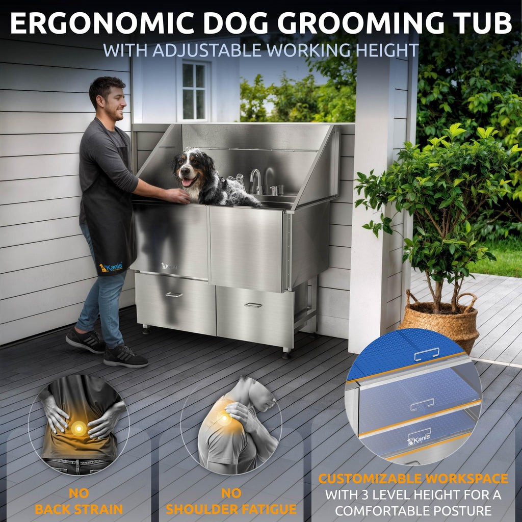 KANIS Professional Dog Washing Station 304 Stainless Steel Pet Wash Sink & Grooming Bathtub w/Shower, Floor Grates and Storage for Large, Medium & Small Pets (Silver, 50 Inches, Right Ramp, 1 Drawer)