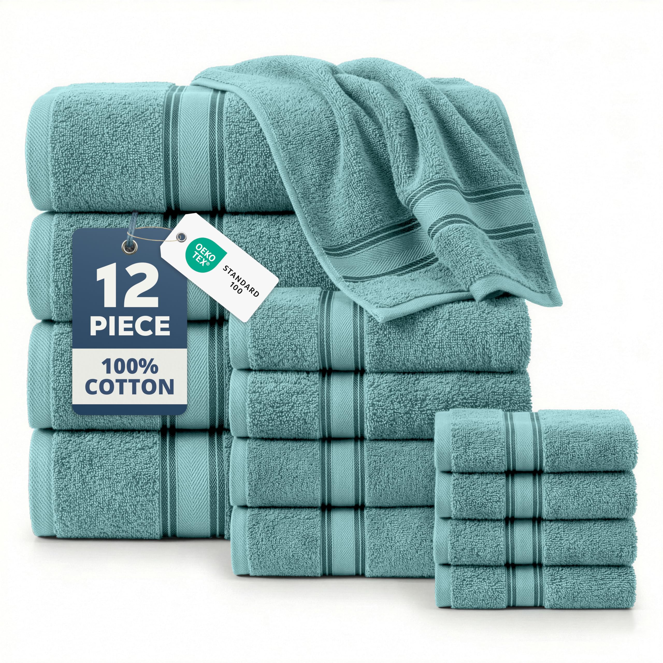 LANE LINEN Bathroom Towels Set of 18 – Zero Twist, 100% Mercerized Cotton Towel, 6 Bath, 6 Handtowel & 6 Washcloths, Luxury Hotel Design, Perfect for Salon & Guests, Machine Washable – Cerulean Blue