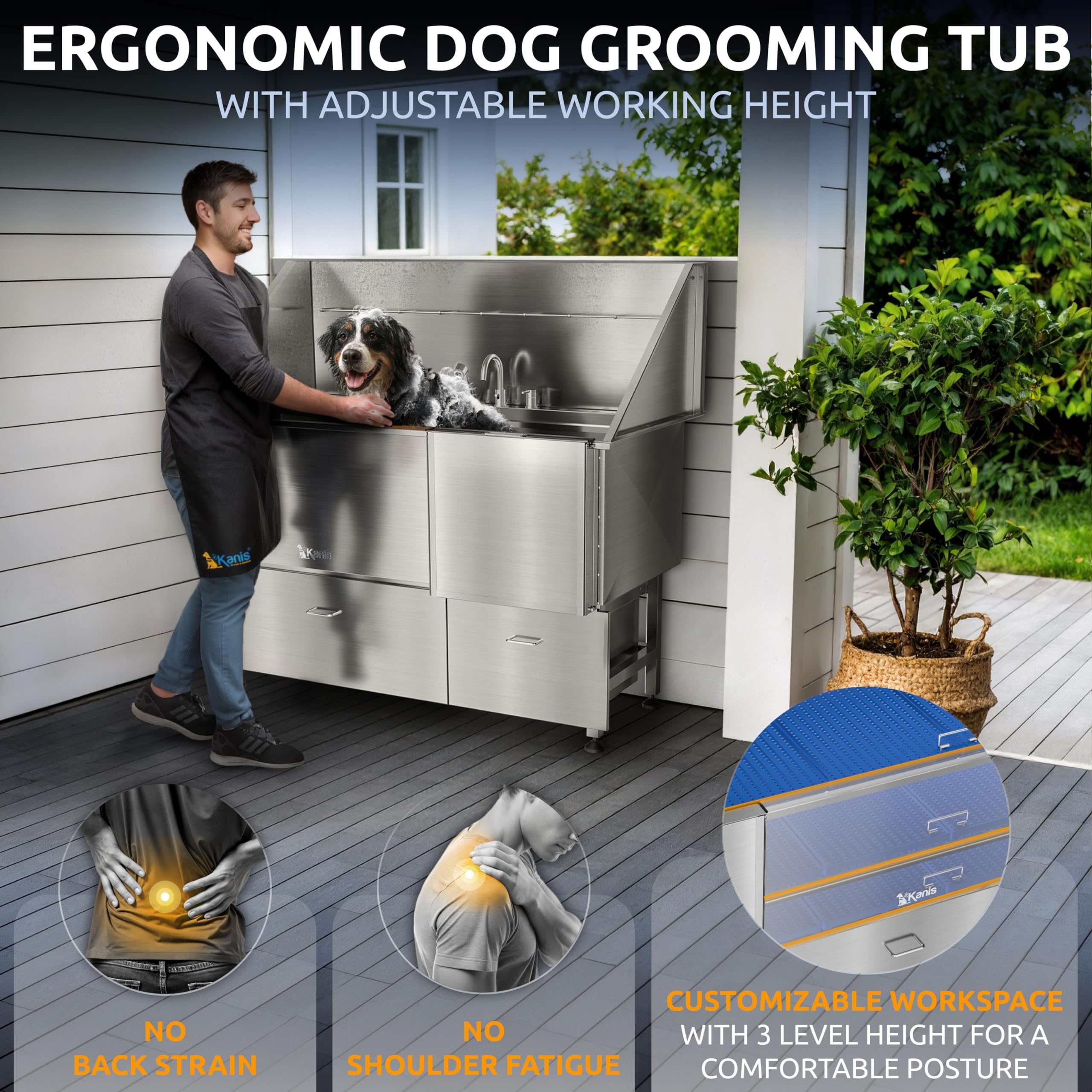 KANIS Professional Dog Washing Station 304 Stainless Steel Pet Wash Sink & Grooming Bathtub w/Shower, Floor Grates and Storage for Large, Medium & Small Pets (Silver, 50 Inches, Right Ramp, 1 Drawer)