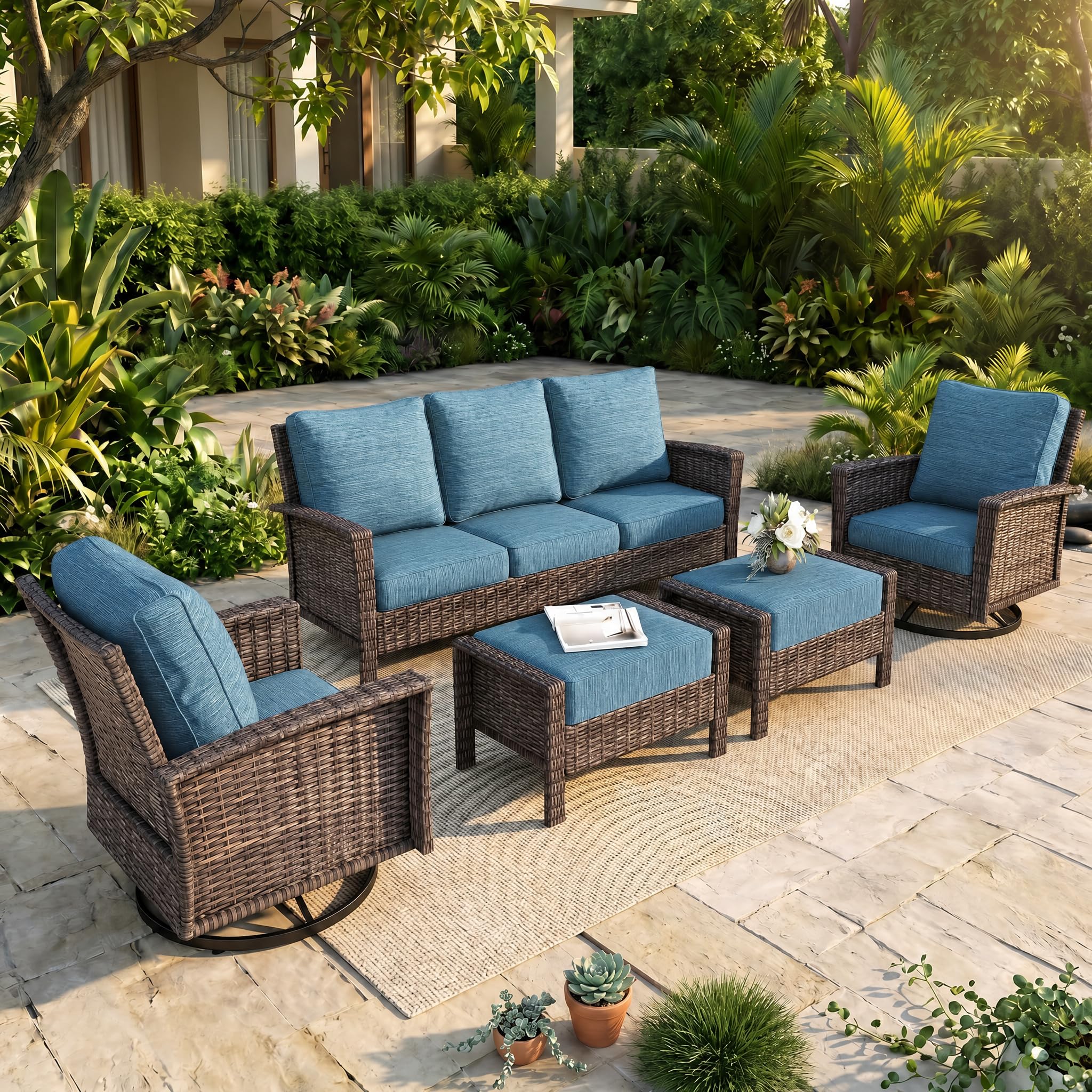 HERA'S HOUSE Patio Furniture Set, High Back Swivel Outdoor Chair with 5.5" Thick Cushions, Oversized Deep Seating Wicker Conversation Set for Lawn Backyard Deck, Navy Blue