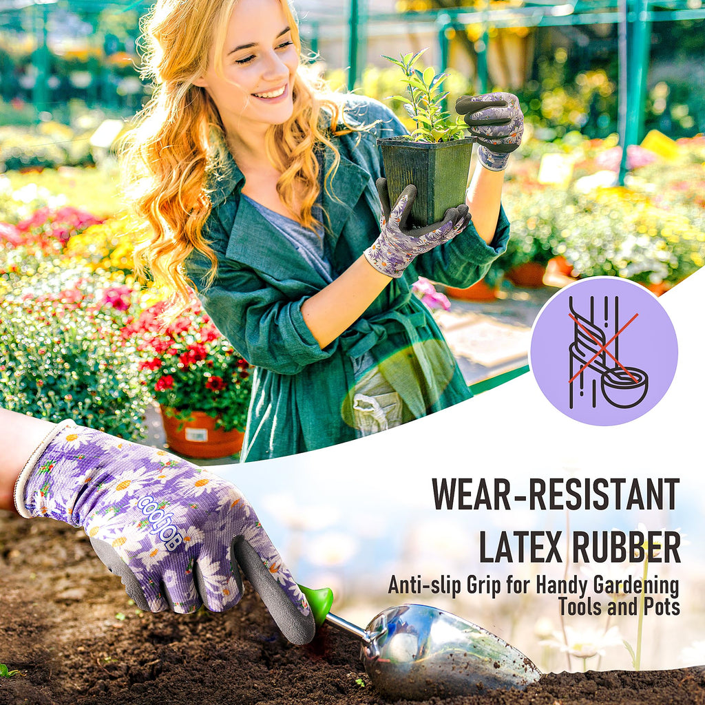 COOLJOB 2 Pairs Gardening Gloves for Women Ladies, Breathable Rubber Coated for Yard Garden, Outdoor Indoor Protective Work with Grip, Medium Size, Red & Green | Red & Blue, Textured Latex Palm, Breathable Polyester Liner, Flexible Fit, Machine Washable,