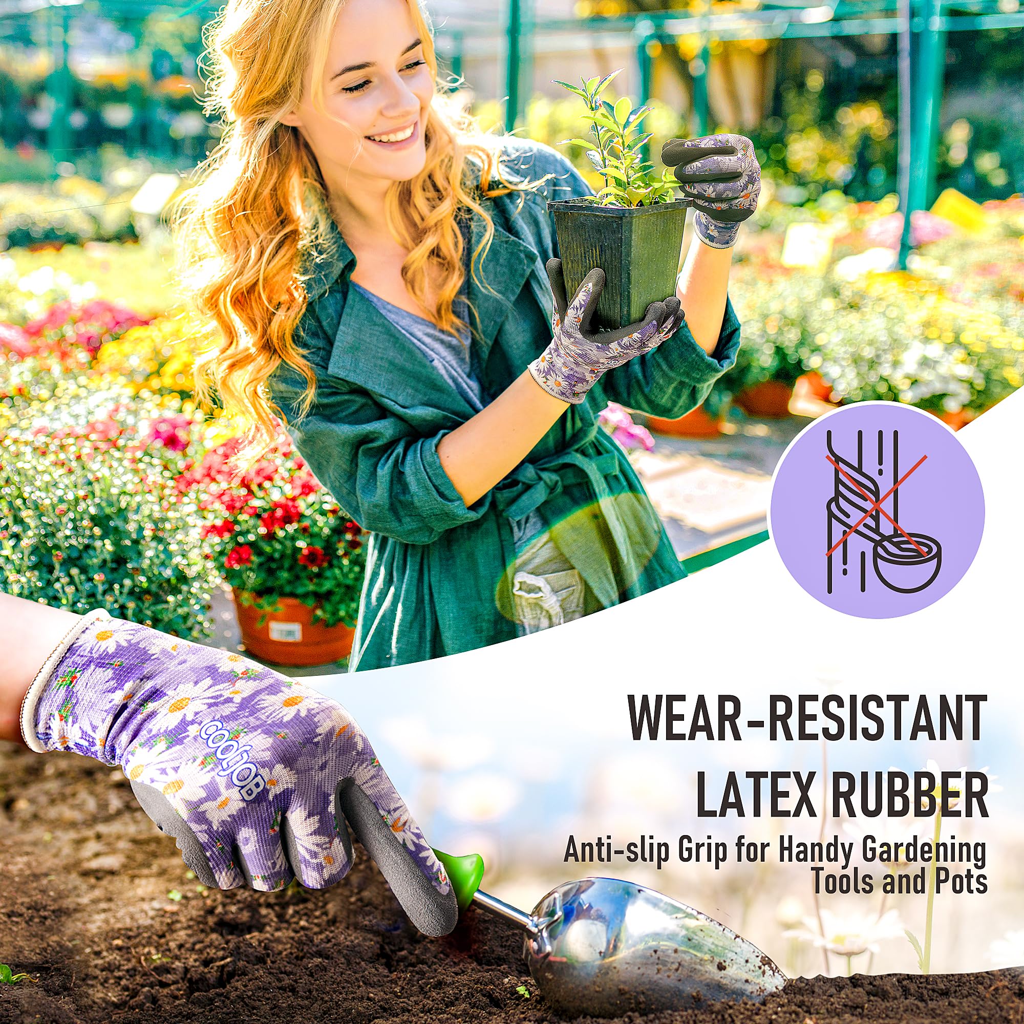COOLJOB 2 Pairs Gardening Gloves for Women Ladies, Breathable Rubber Coated for Yard Garden, Outdoor Indoor Protective Work with Grip, Medium Size, Red & Green | Red & Blue, Textured Latex Palm, Breathable Polyester Liner, Flexible Fit, Machine Washable,