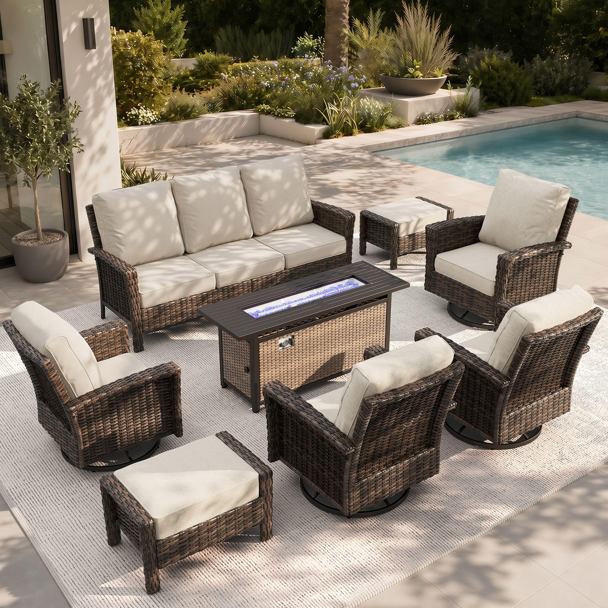 HERA'S HOUSE Patio Furniture Set, High Back Swivel Outdoor Chair with 5.5" Thick Cushions, Oversized Deep Seating Wicker Conversation Set for Lawn Backyard Deck, Navy Blue