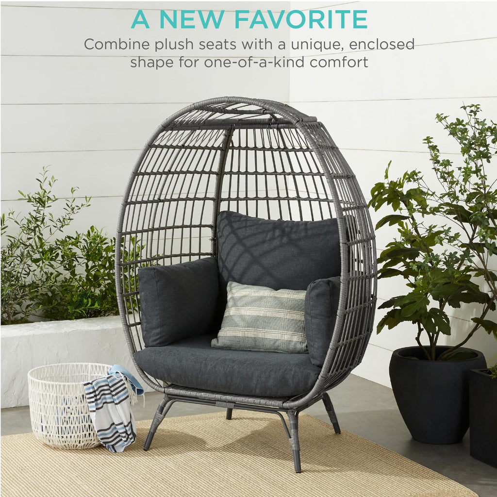 Best Choice Products Wicker Egg Chair, Oversized Indoor Outdoor Lounger for Patio, Backyard, Living Room w/ 4 Cushions, Steel Frame, 440lb Capacity - Black