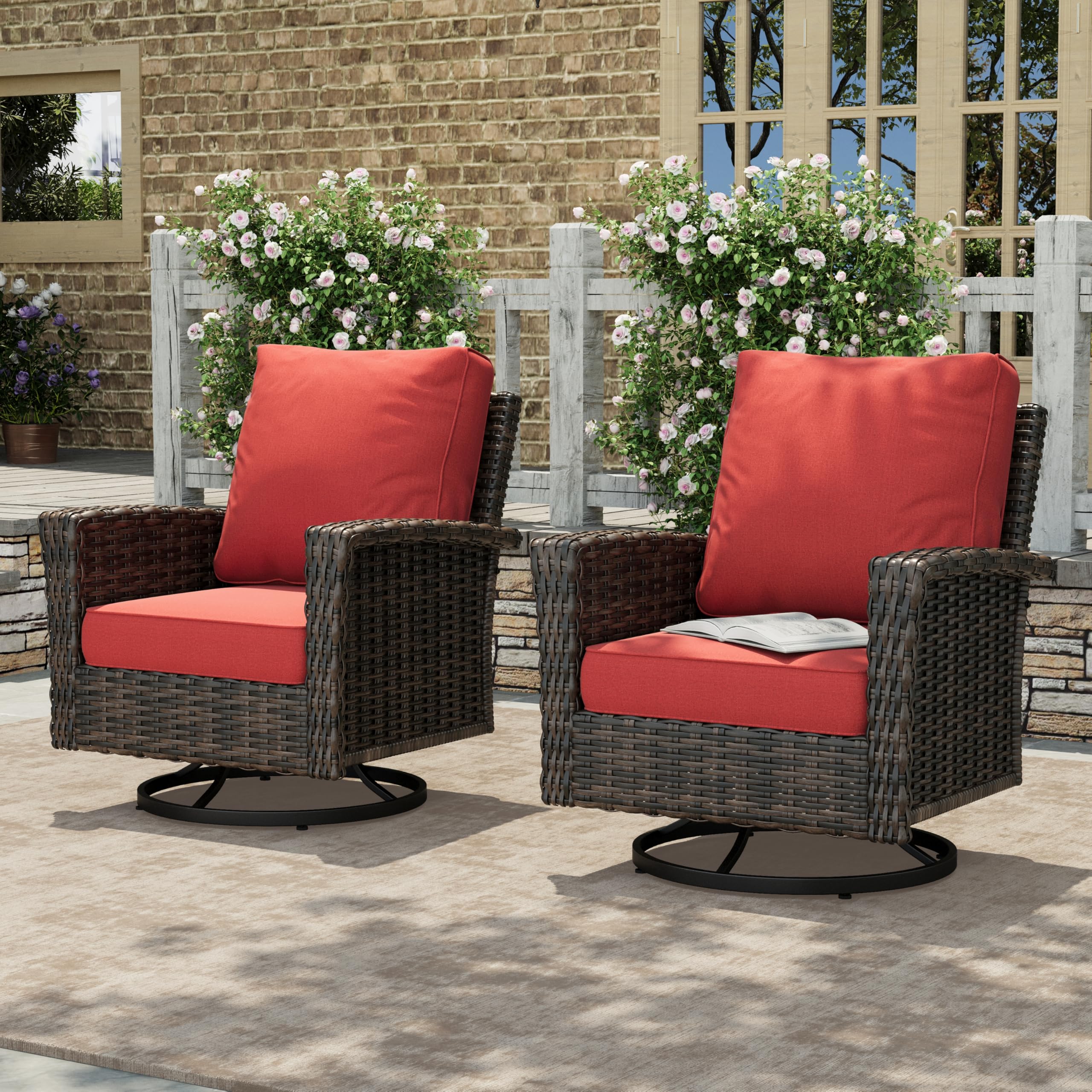 HERA'S HOUSE Patio Furniture Set, High Back Swivel Outdoor Chair with 5.5" Thick Cushions, Oversized Deep Seating Wicker Conversation Set for Lawn Backyard Deck, Navy Blue