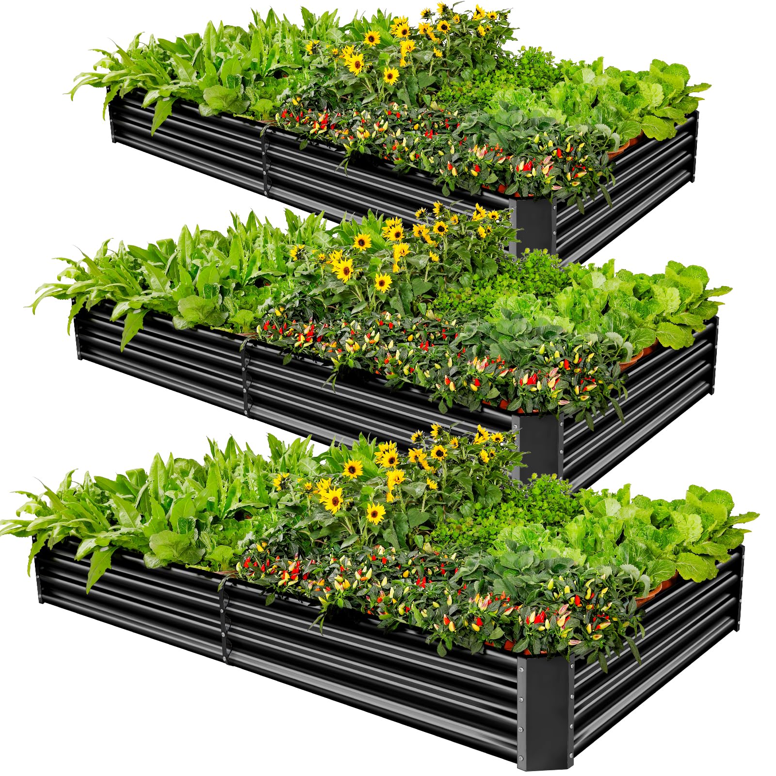 Land Guard 3 Pack 8×4×1ft Galvanized Metal Raised Garden Bed, Metal Planter Kit Box Outdoor for Deep-Rooted Vegetables, Flowers, Green and Herbs, Silver