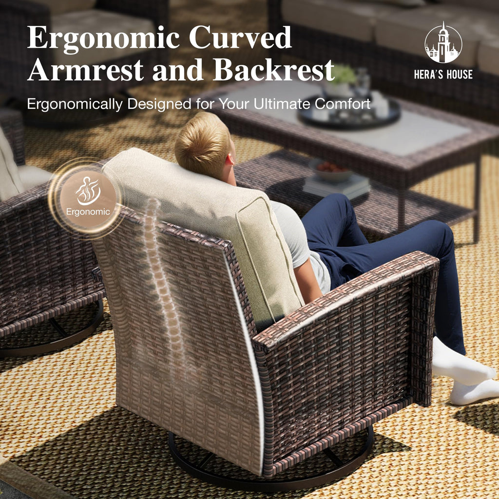HERA'S HOUSE Patio Furniture Set, High Back Swivel Outdoor Chair with 5.5" Thick Cushions, Oversized Deep Seating Wicker Conversation Set for Lawn Backyard Deck, Navy Blue