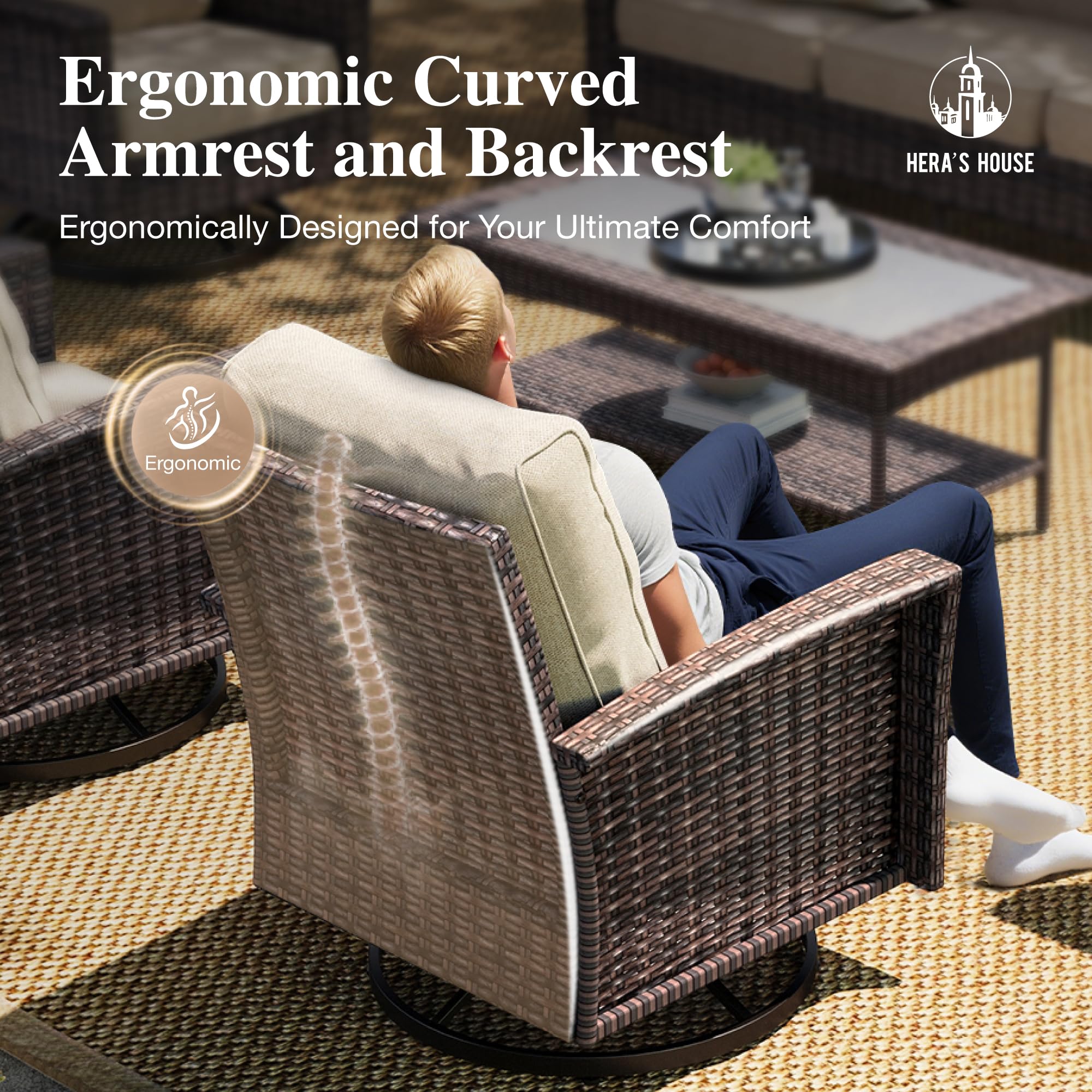 HERA'S HOUSE Patio Furniture Set, High Back Swivel Outdoor Chair with 5.5" Thick Cushions, Oversized Deep Seating Wicker Conversation Set for Lawn Backyard Deck, Navy Blue