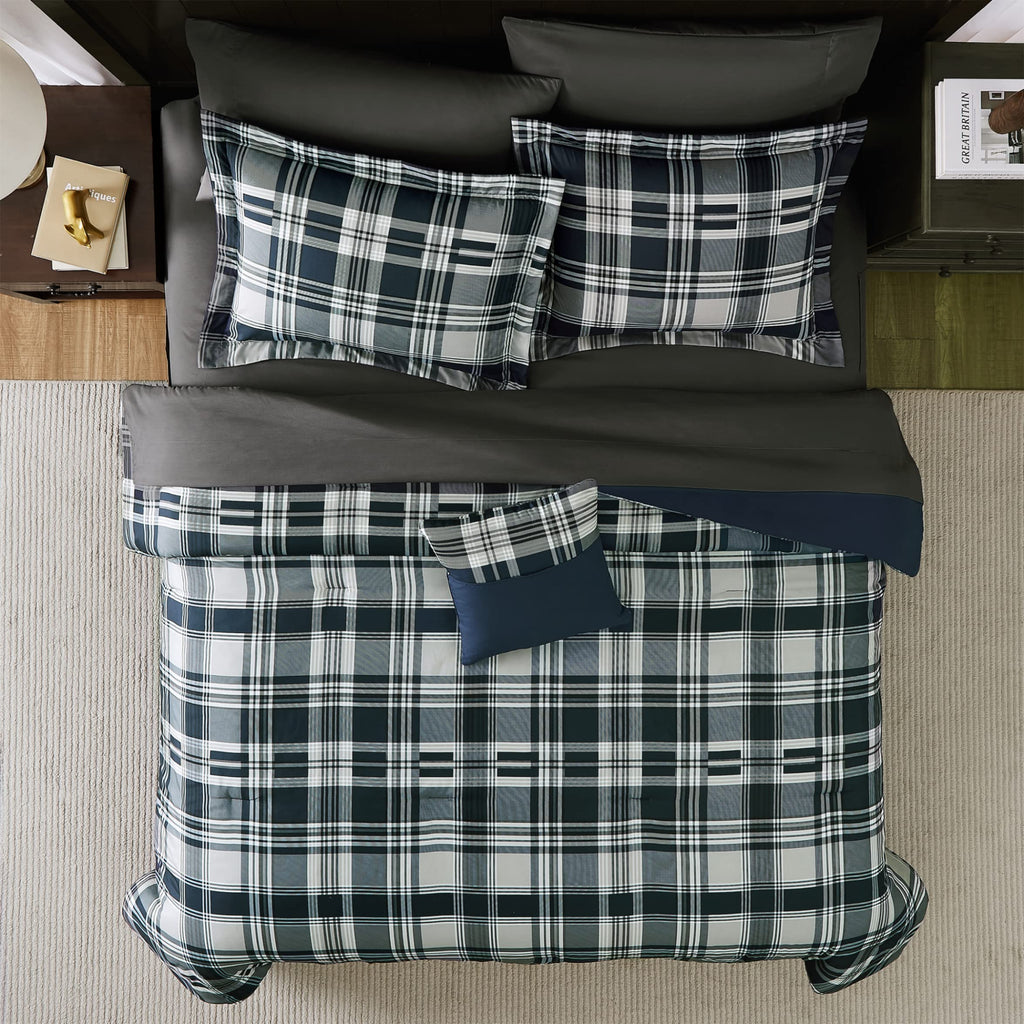 MaiRêve Plaid Twin XL Comforter Set Navy Blue 5 Pieces Dorm Bed in a Bag | Rustic Farmhouse Bedding Sets for Boys Teen with Sheets, Pillowcase & Sham
