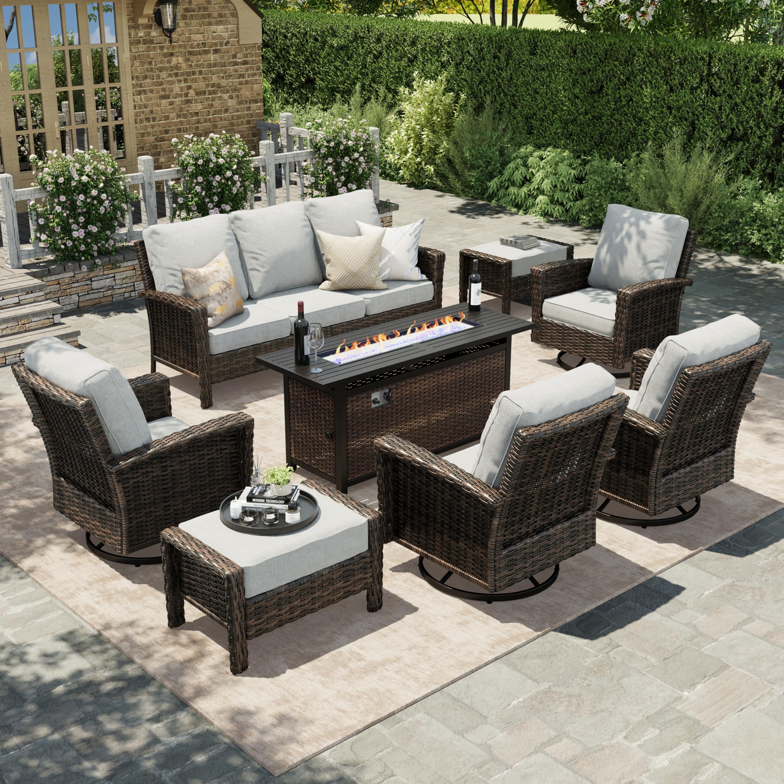 HERA'S HOUSE Patio Furniture Set, High Back Swivel Outdoor Chair with 5.5" Thick Cushions, Oversized Deep Seating Wicker Conversation Set for Lawn Backyard Deck, Navy Blue