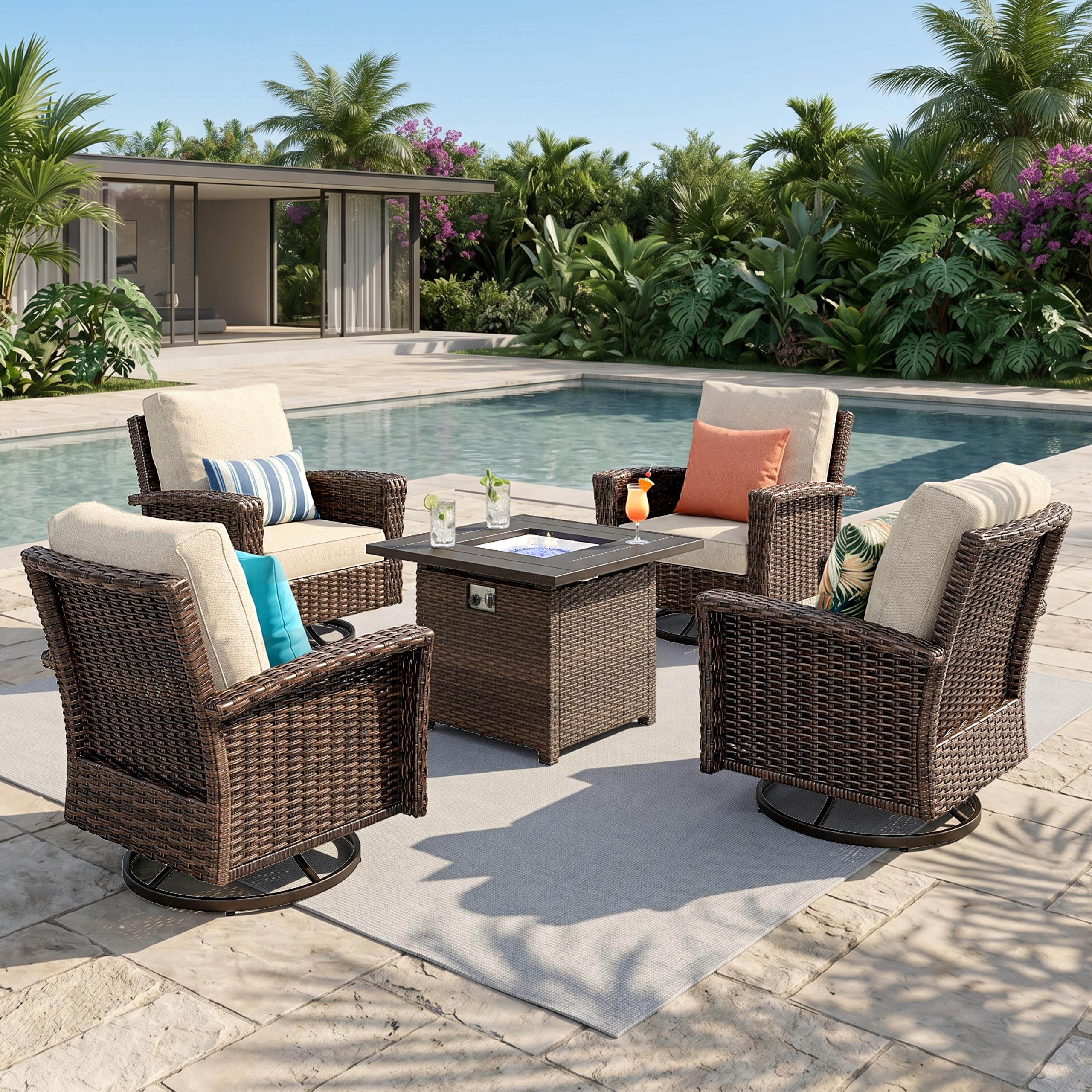 HERA'S HOUSE Patio Furniture Set, High Back Swivel Outdoor Chair with 5.5" Thick Cushions, Oversized Deep Seating Wicker Conversation Set for Lawn Backyard Deck, Navy Blue