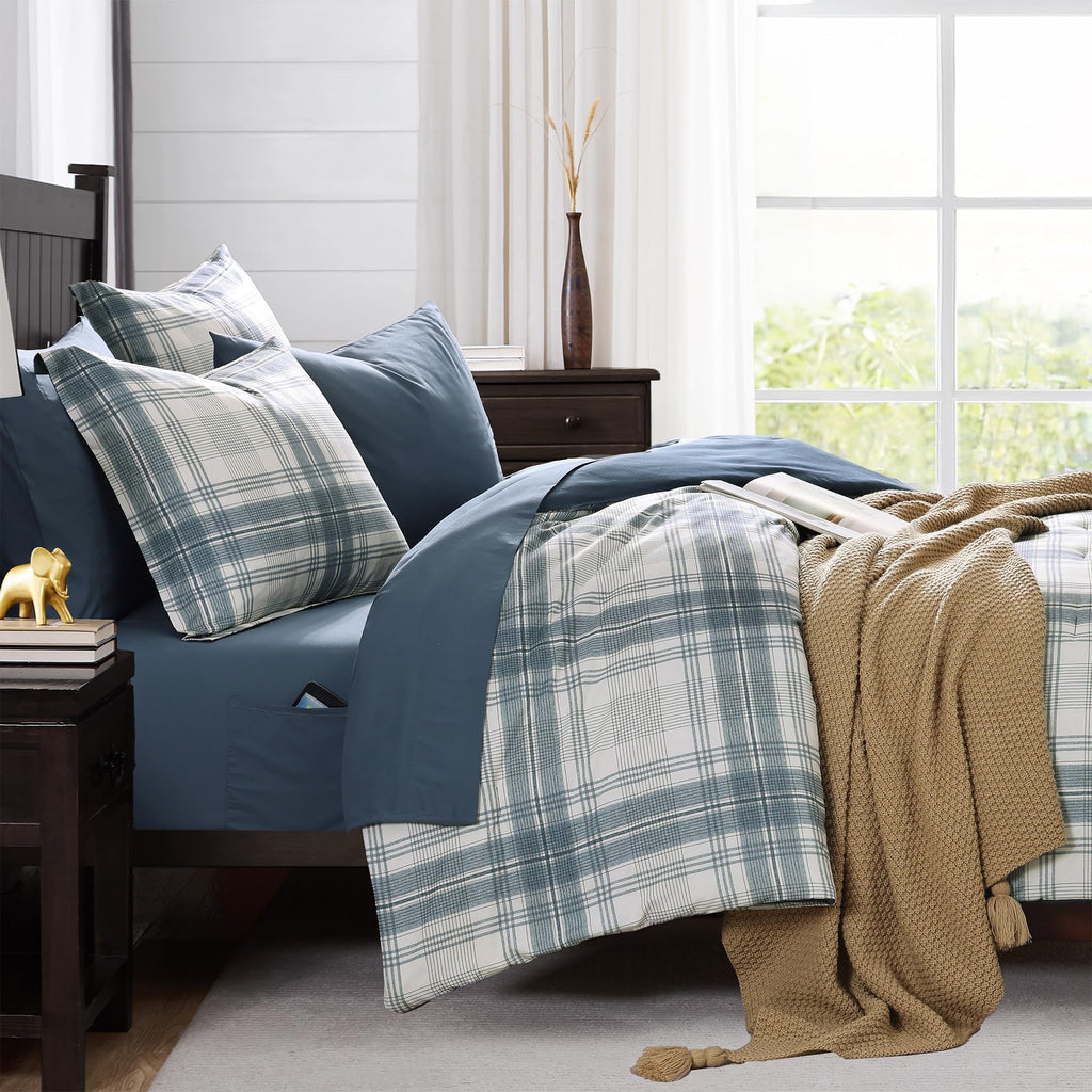 MaiRêve Plaid Twin XL Comforter Set Navy Blue 5 Pieces Dorm Bed in a Bag | Rustic Farmhouse Bedding Sets for Boys Teen with Sheets, Pillowcase & Sham