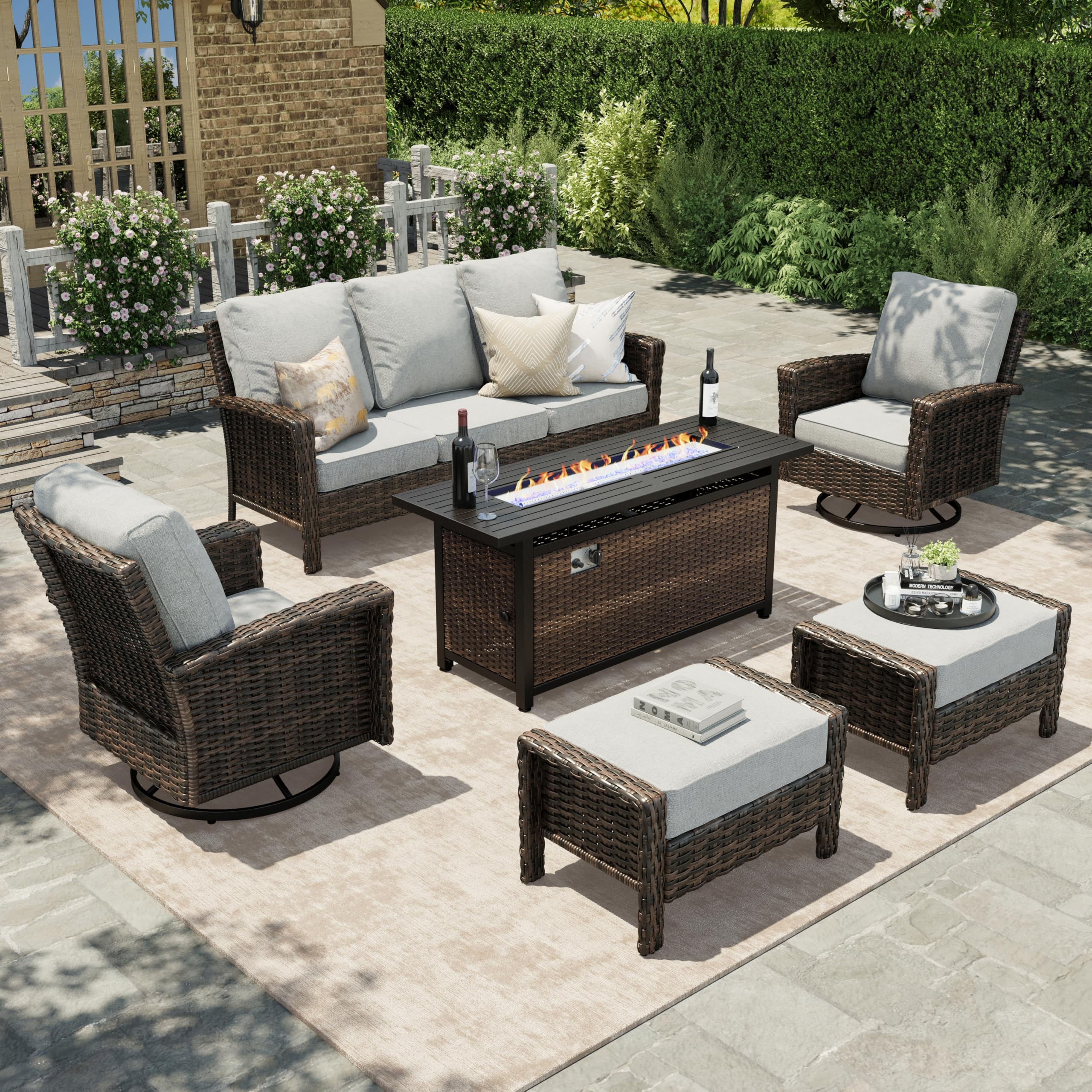 HERA'S HOUSE Patio Furniture Set, High Back Swivel Outdoor Chair with 5.5" Thick Cushions, Oversized Deep Seating Wicker Conversation Set for Lawn Backyard Deck, Navy Blue