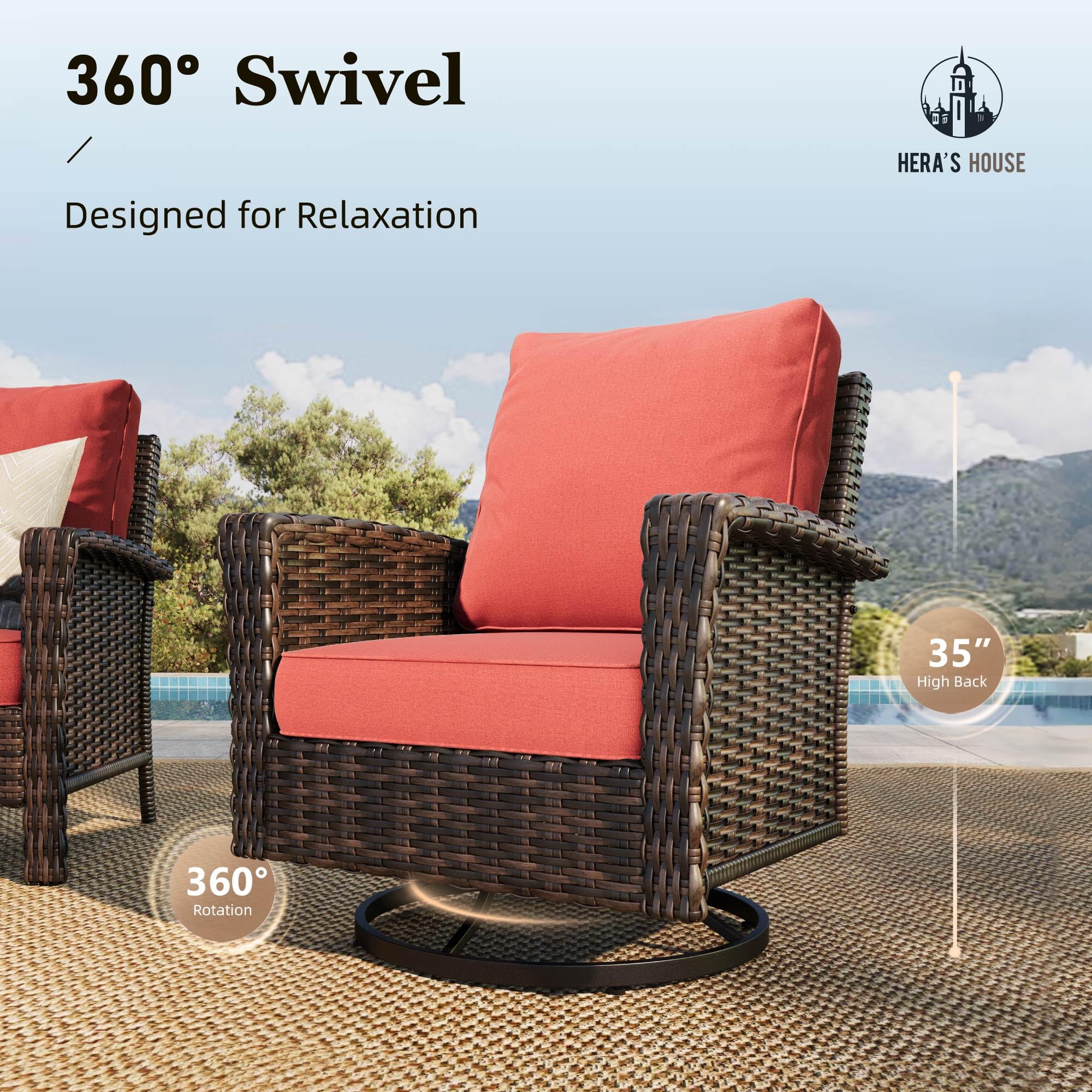 HERA'S HOUSE Patio Furniture Set, High Back Swivel Outdoor Chair with 5.5" Thick Cushions, Oversized Deep Seating Wicker Conversation Set for Lawn Backyard Deck, Navy Blue