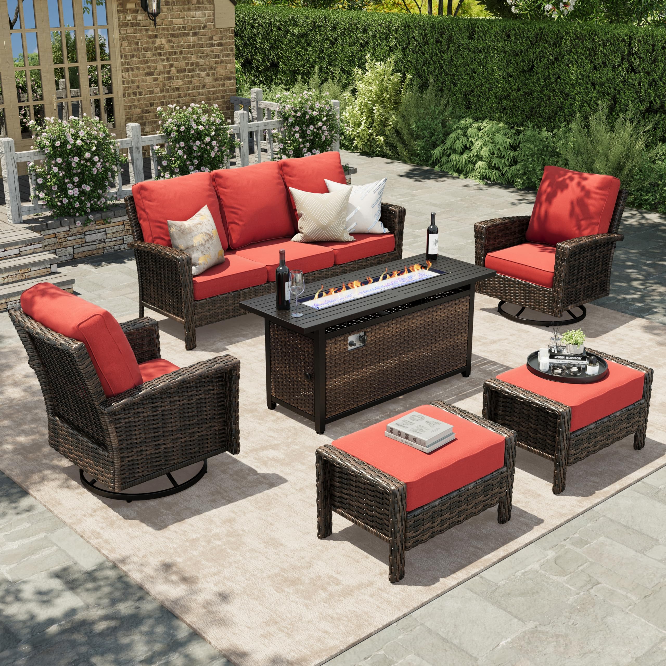 HERA'S HOUSE Patio Furniture Set, High Back Swivel Outdoor Chair with 5.5" Thick Cushions, Oversized Deep Seating Wicker Conversation Set for Lawn Backyard Deck, Navy Blue