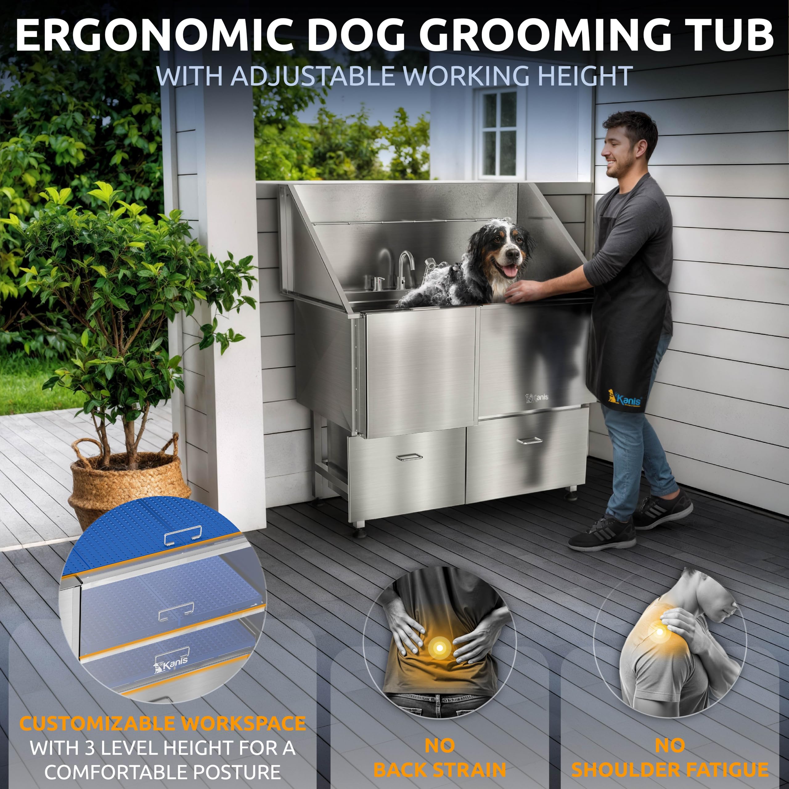 KANIS Professional Dog Washing Station 304 Stainless Steel Pet Wash Sink & Grooming Bathtub w/Shower, Floor Grates and Storage for Large, Medium & Small Pets (Silver, 50 Inches, Right Ramp, 1 Drawer)