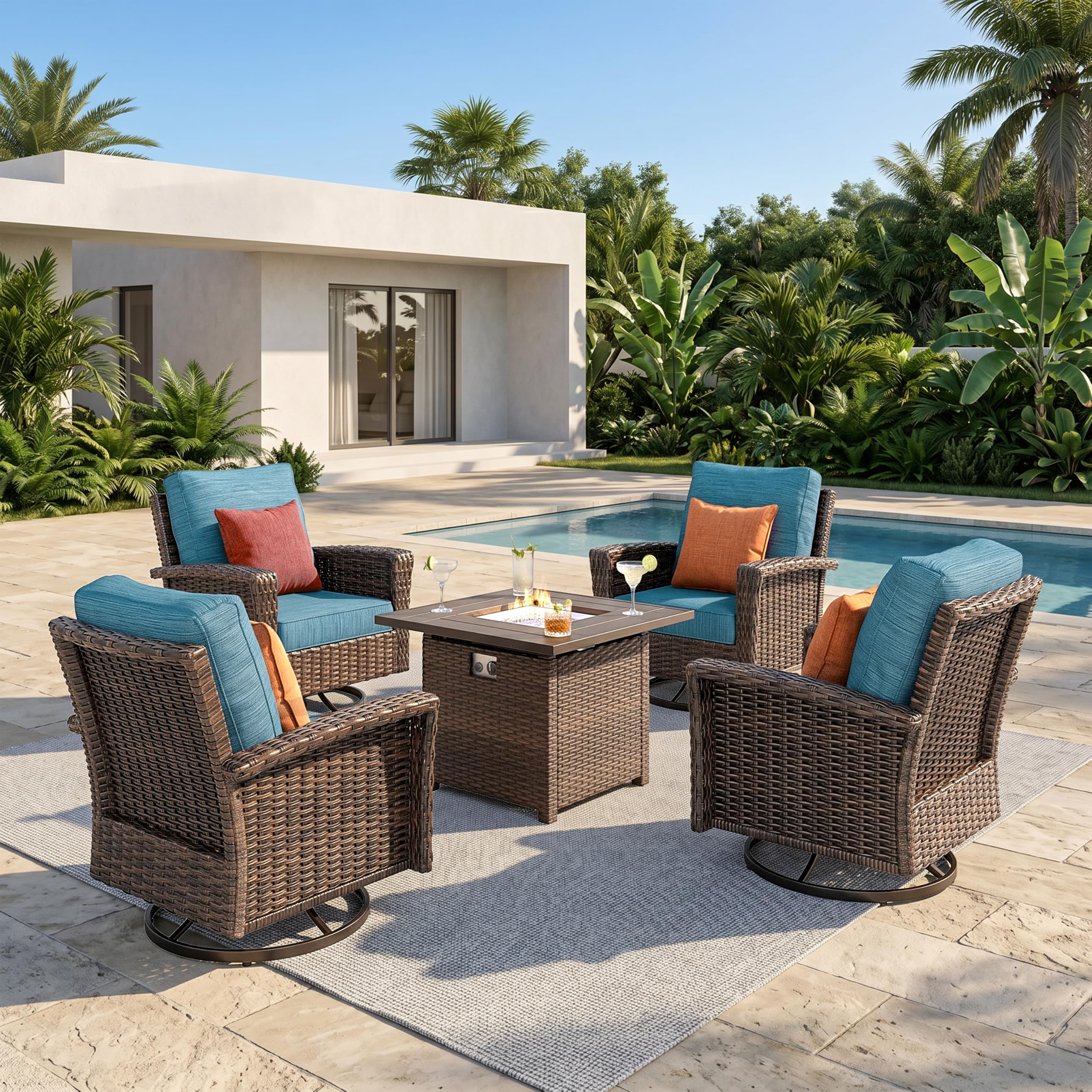 HERA'S HOUSE Patio Furniture Set, High Back Swivel Outdoor Chair with 5.5" Thick Cushions, Oversized Deep Seating Wicker Conversation Set for Lawn Backyard Deck, Navy Blue