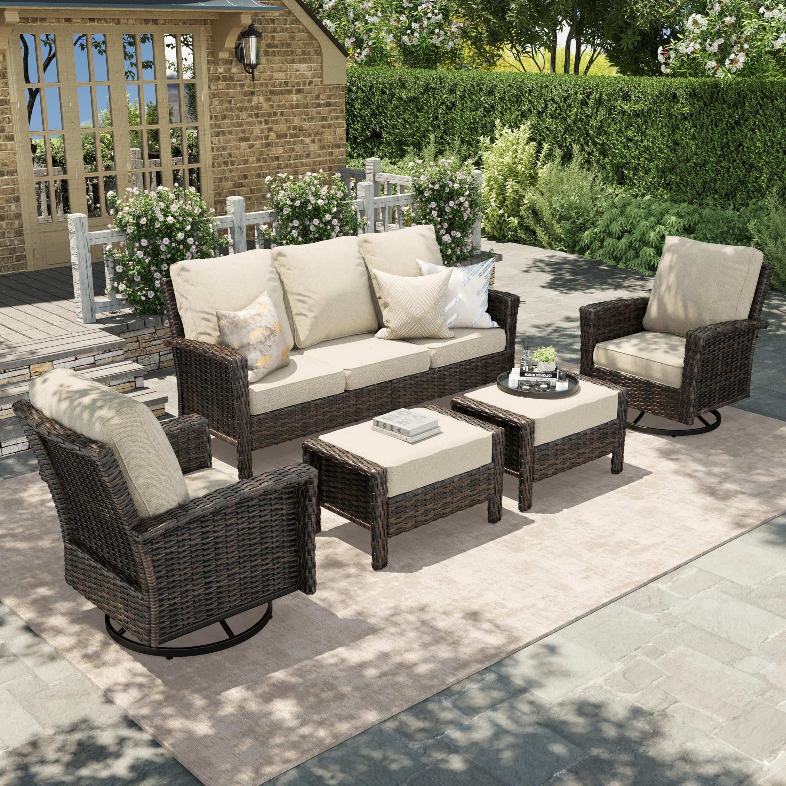 HERA'S HOUSE Patio Furniture Set, High Back Swivel Outdoor Chair with 5.5" Thick Cushions, Oversized Deep Seating Wicker Conversation Set for Lawn Backyard Deck, Navy Blue