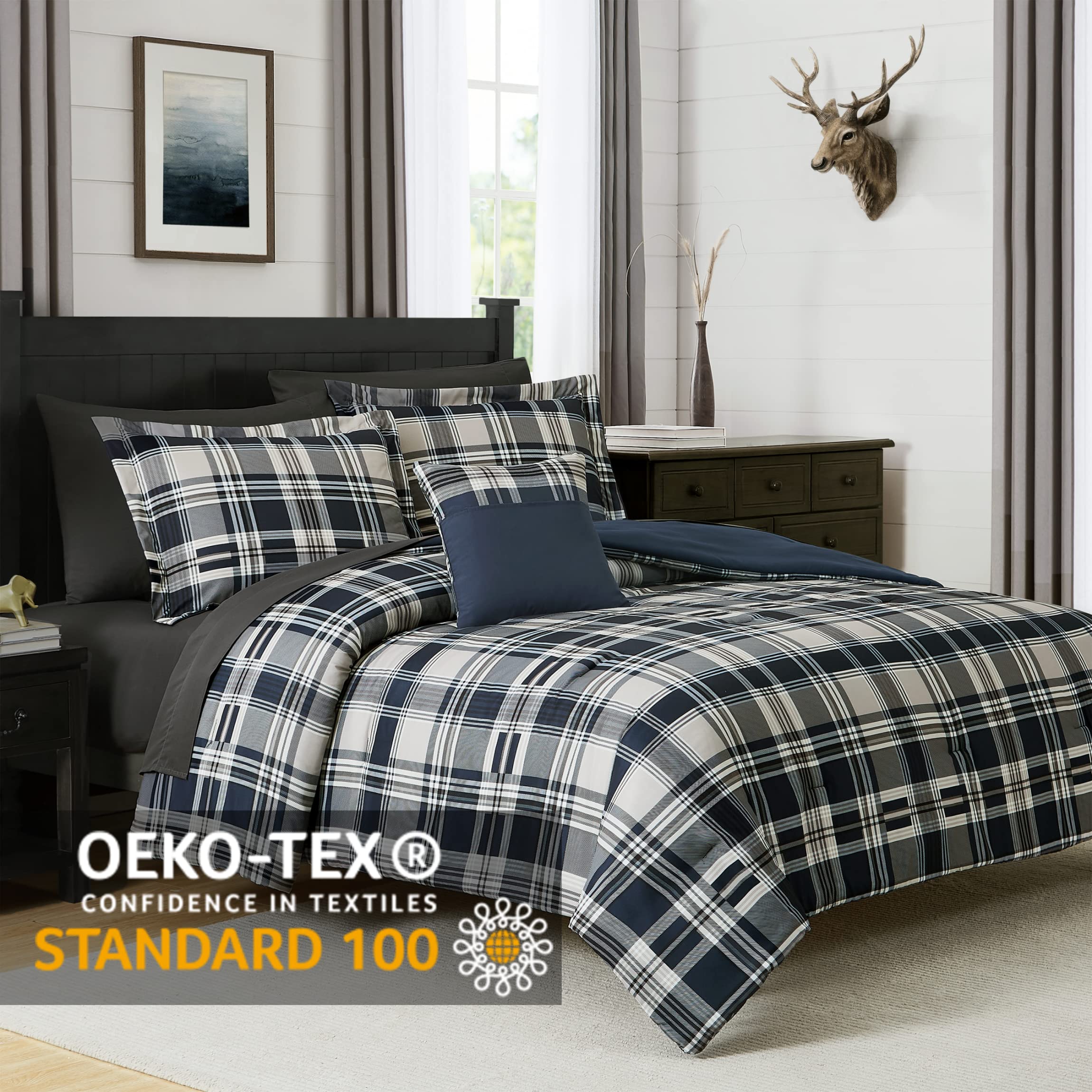 MaiRêve Plaid Twin XL Comforter Set Navy Blue 5 Pieces Dorm Bed in a Bag | Rustic Farmhouse Bedding Sets for Boys Teen with Sheets, Pillowcase & Sham