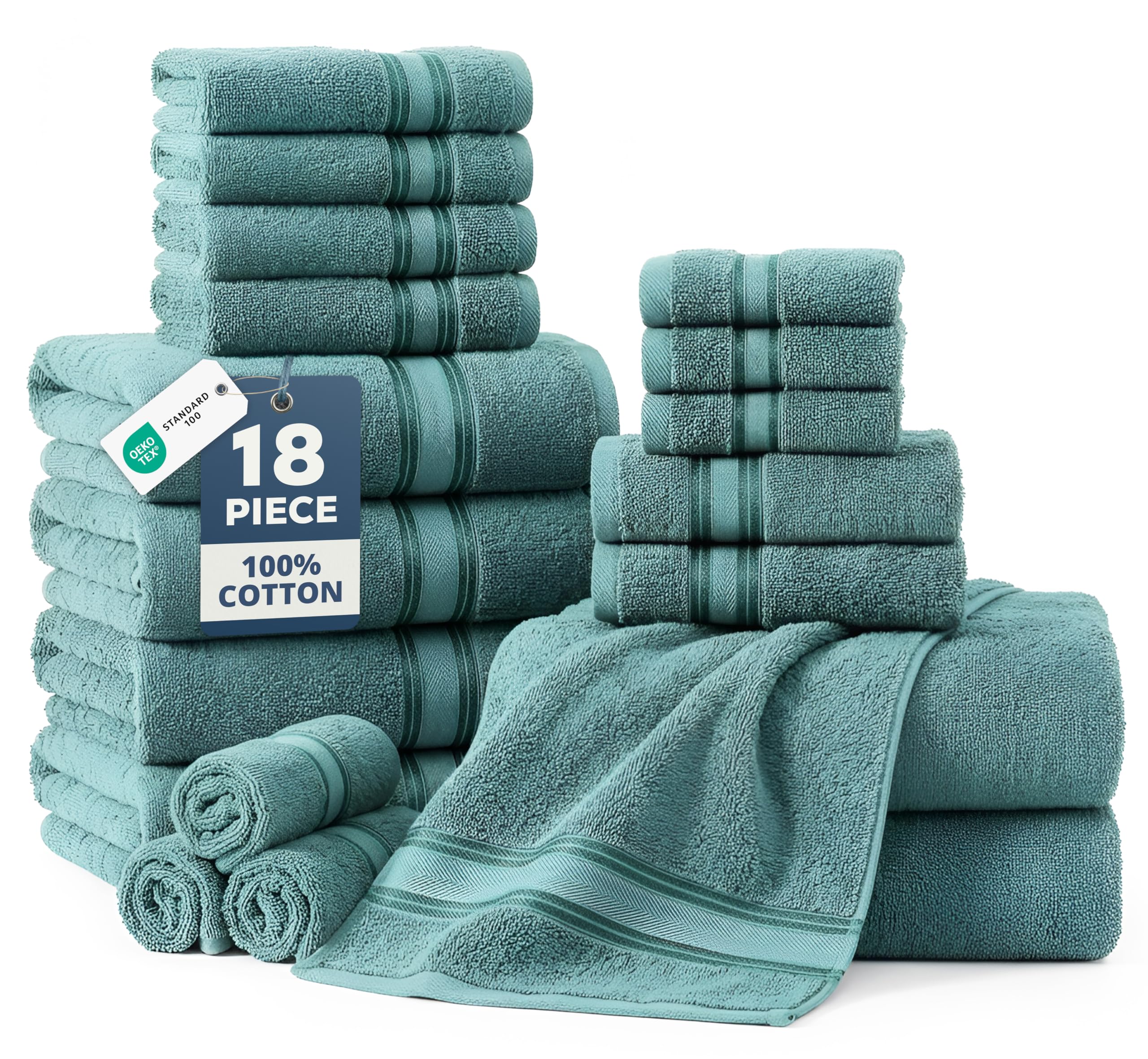 LANE LINEN Bathroom Towels Set of 18 – Zero Twist, 100% Mercerized Cotton Towel, 6 Bath, 6 Handtowel & 6 Washcloths, Luxury Hotel Design, Perfect for Salon & Guests, Machine Washable – Cerulean Blue
