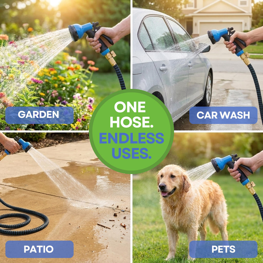 J&B XpandaHose 75ft Expandable Garden Hose, Lightweight, Brass Connectors | Ultra Strong 3750D fabric, 4-layer latex core, expands 3X, kink & leak-resistant, 10-pattern nozzle, storage bag