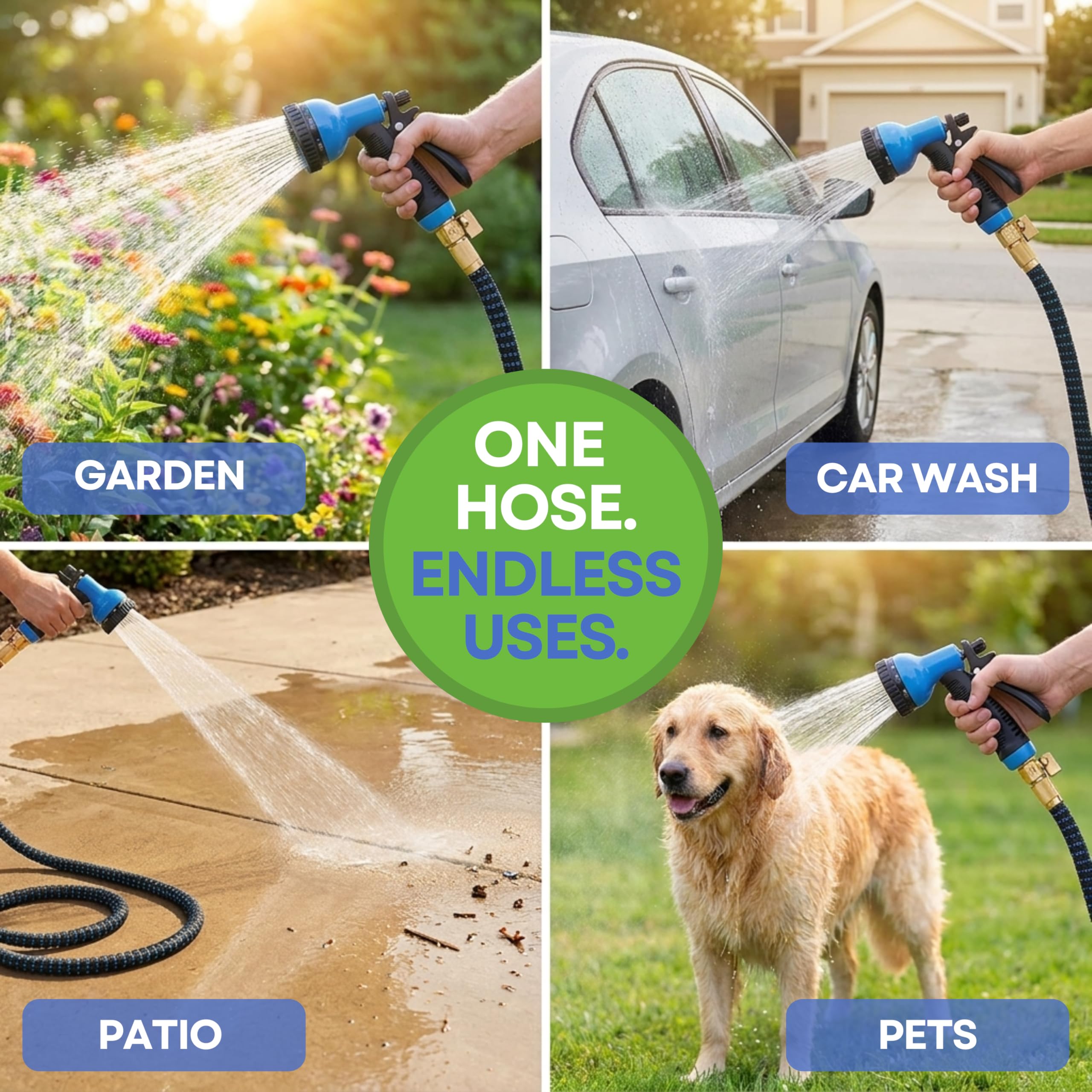 J&B XpandaHose 75ft Expandable Garden Hose, Lightweight, Brass Connectors | Ultra Strong 3750D fabric, 4-layer latex core, expands 3X, kink & leak-resistant, 10-pattern nozzle, storage bag