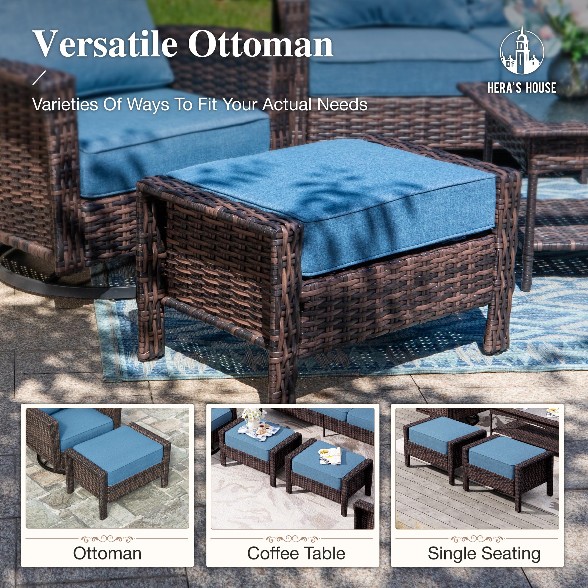 HERA'S HOUSE Patio Furniture Set, High Back Swivel Outdoor Chair with 5.5" Thick Cushions, Oversized Deep Seating Wicker Conversation Set for Lawn Backyard Deck, Navy Blue