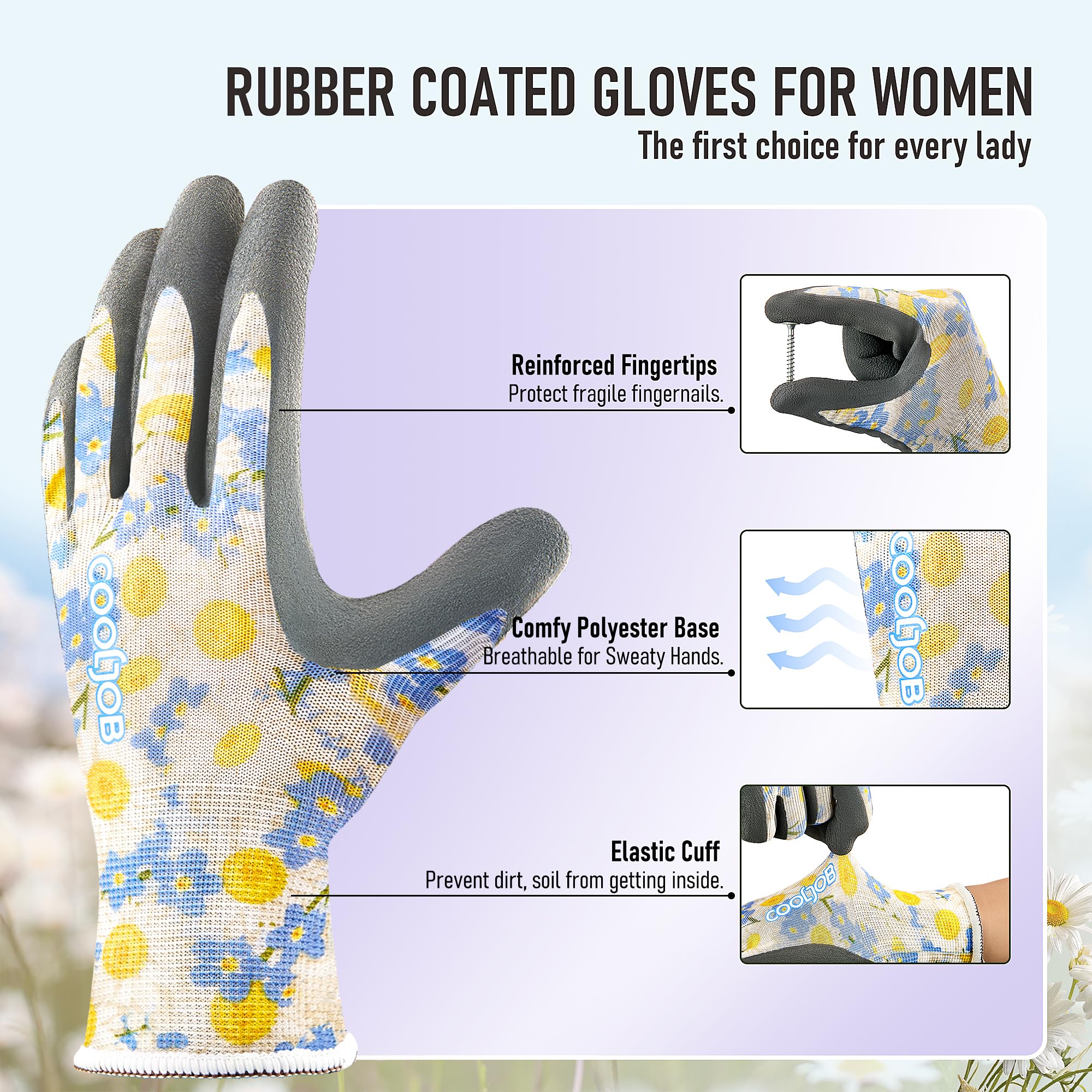COOLJOB 2 Pairs Gardening Gloves for Women Ladies, Breathable Rubber Coated for Yard Garden, Outdoor Indoor Protective Work with Grip, Medium Size, Red & Green | Red & Blue, Textured Latex Palm, Breathable Polyester Liner, Flexible Fit, Machine Washable,