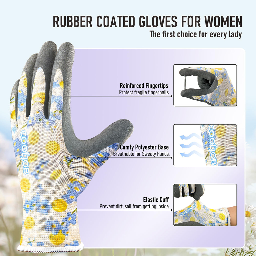 COOLJOB 2 Pairs Gardening Gloves for Women Ladies, Breathable Rubber Coated for Yard Garden, Outdoor Indoor Protective Work with Grip, Medium Size, Red & Green | Red & Blue, Textured Latex Palm, Breathable Polyester Liner, Flexible Fit, Machine Washable,