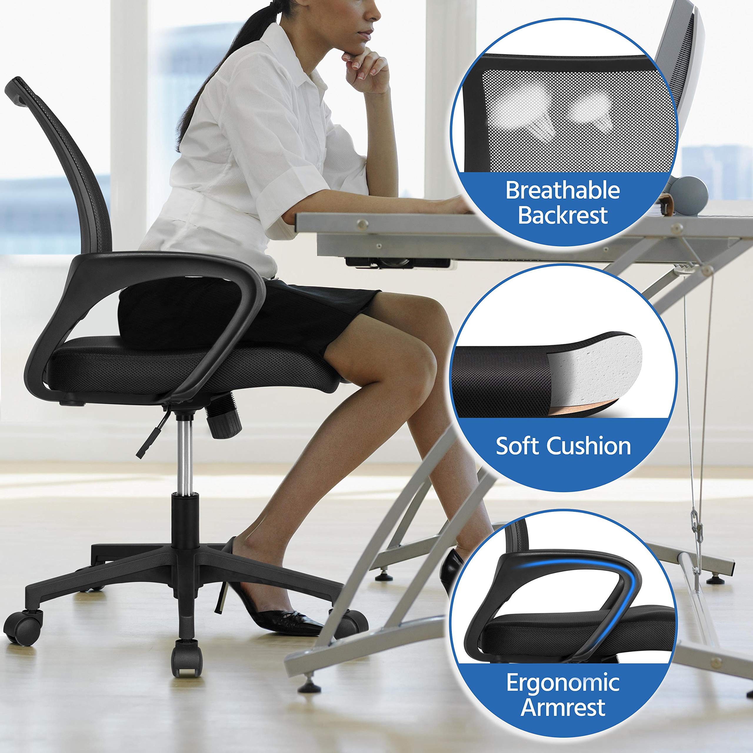 Yaheetech Black Computer Desk and Chair Set with Drawer, Shelves, Mesh Seat | Particle Board and MDF Build a Sturdy Desk with a Drawer and Elevated Platform, Paired with a Mesh Chair for Adults.