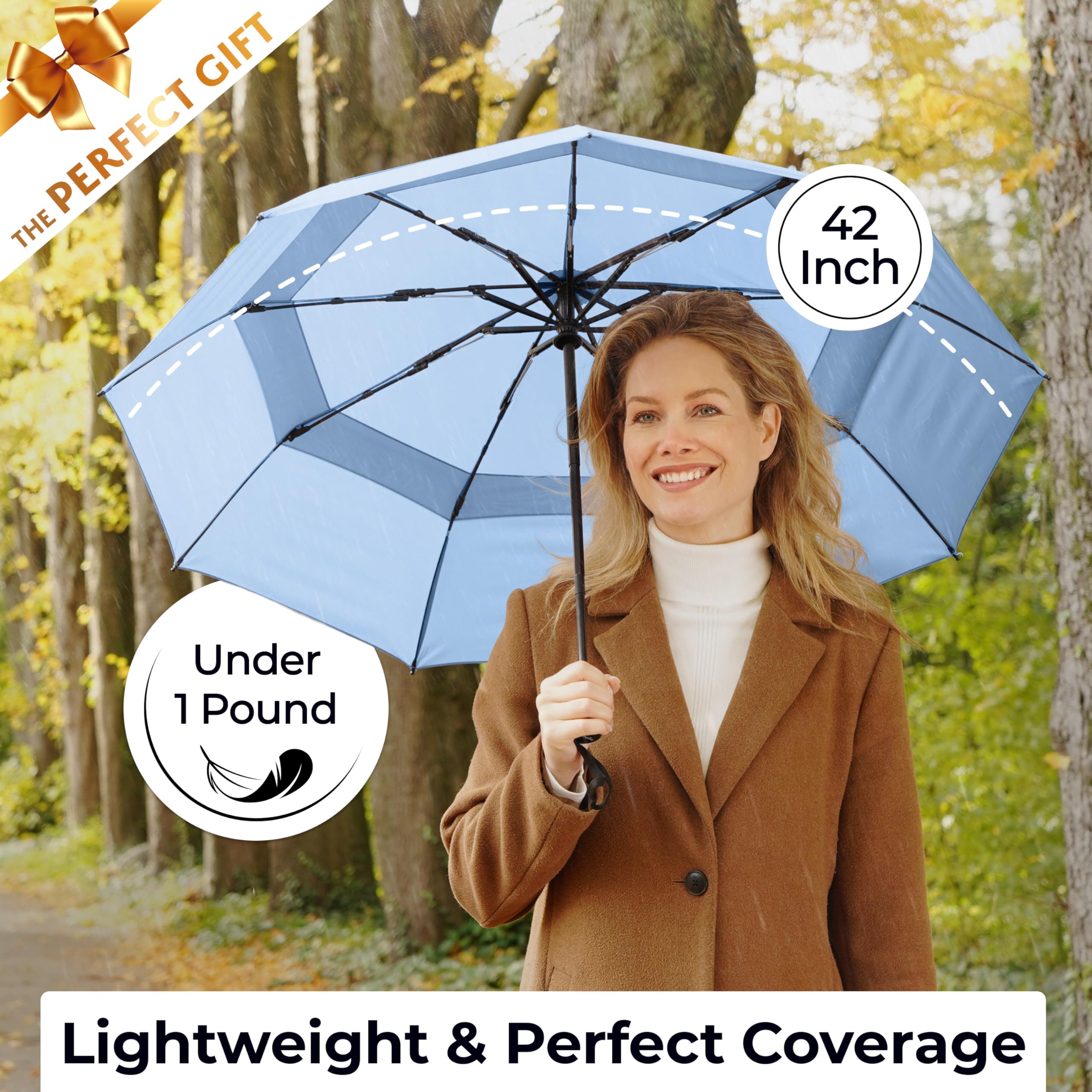 TUMELLA Strongest Windproof Travel Umbrella (Compact, 100MPH Wind-Tested), Light, Portable, One-Handed Use, Automatic Folding Rain Umbrella, Durable, Premium Grip, Fits Car & Backpack