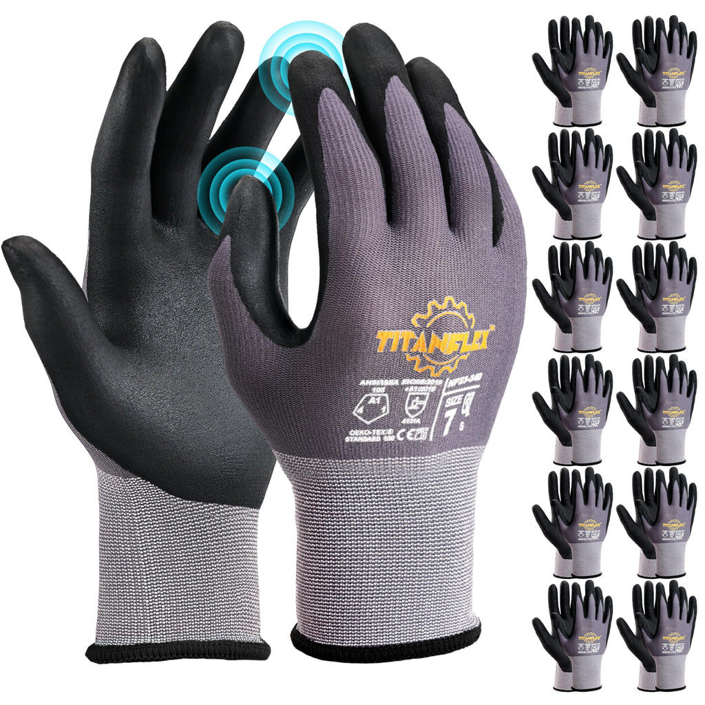 TitanFlex Work Gloves Microfoam Nitrile Coated Men Women-6 Pairs, Safety Warehouse Gloves Mens Working Glove with Grip Heavy Duty, Touchscreen, Seamless Knit Nylon for Automotive, Garden (Large)