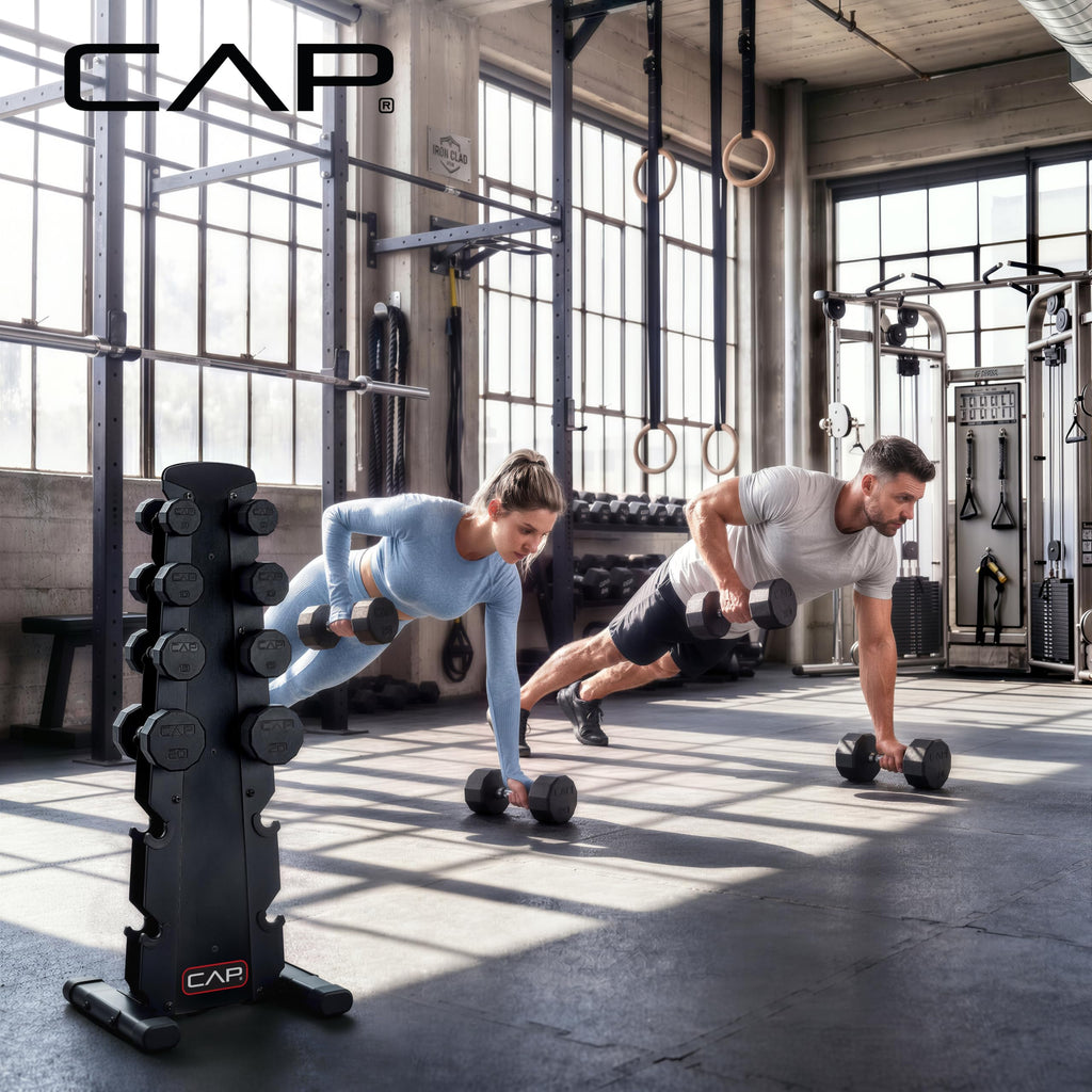 CAP Rubber Coated Hex Dumbbell Set with Storage Rack | 100–210 lb Options, Space-Saving Vertical Compact Storage for Home Gym Strength Training