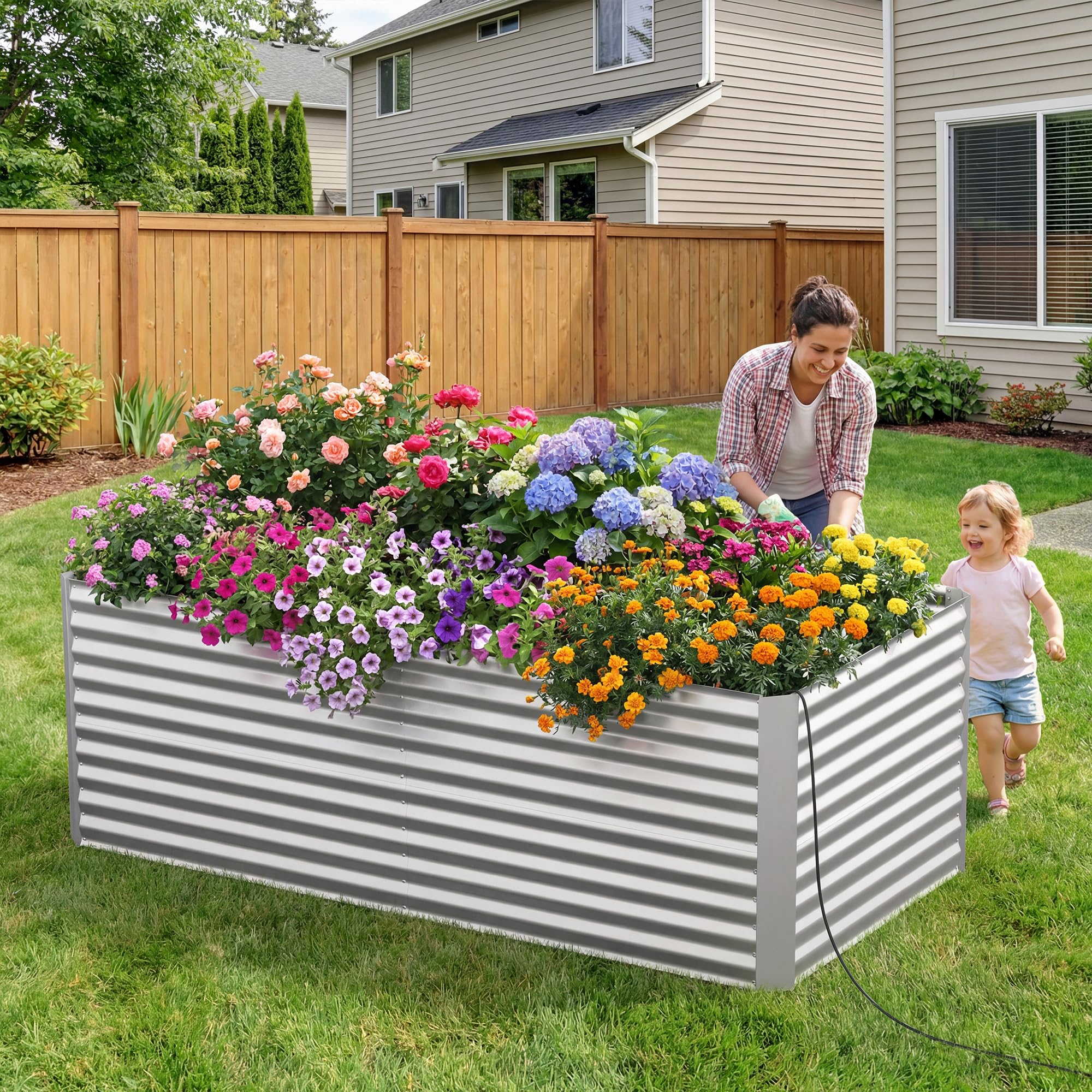 Lineware Raised Garden Bed with Sprinkler Timer and Self-Watering System, 6x3x1 ft Elevated Planter Boxes Outdoor with Mesh Cover, Galvanized Raised Beds for,Vegetables,Flowers, Backyard, Patio